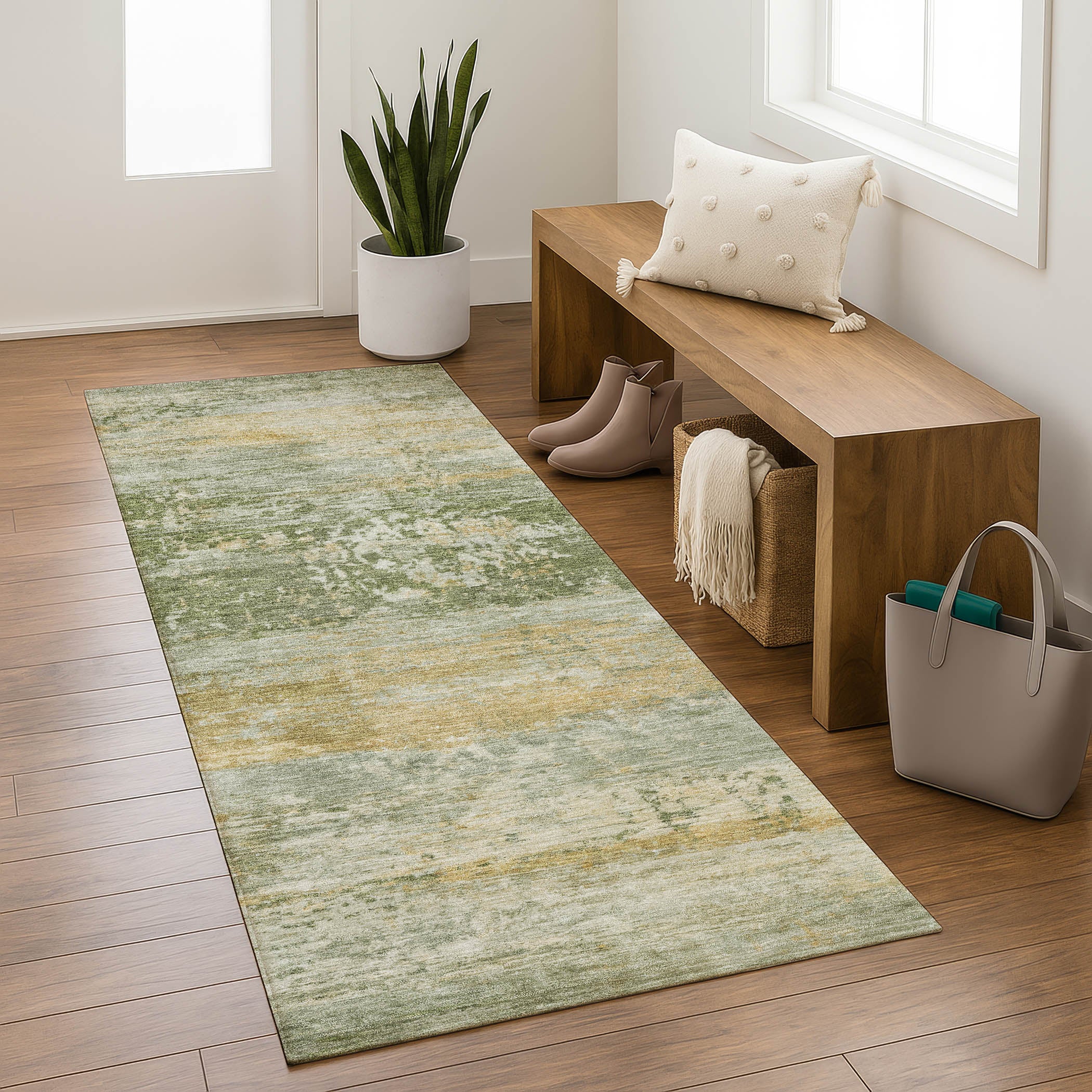 Florence Machine Washable Transitional Aloe Green Rug 2'3" x 7'6" #shape_Runner