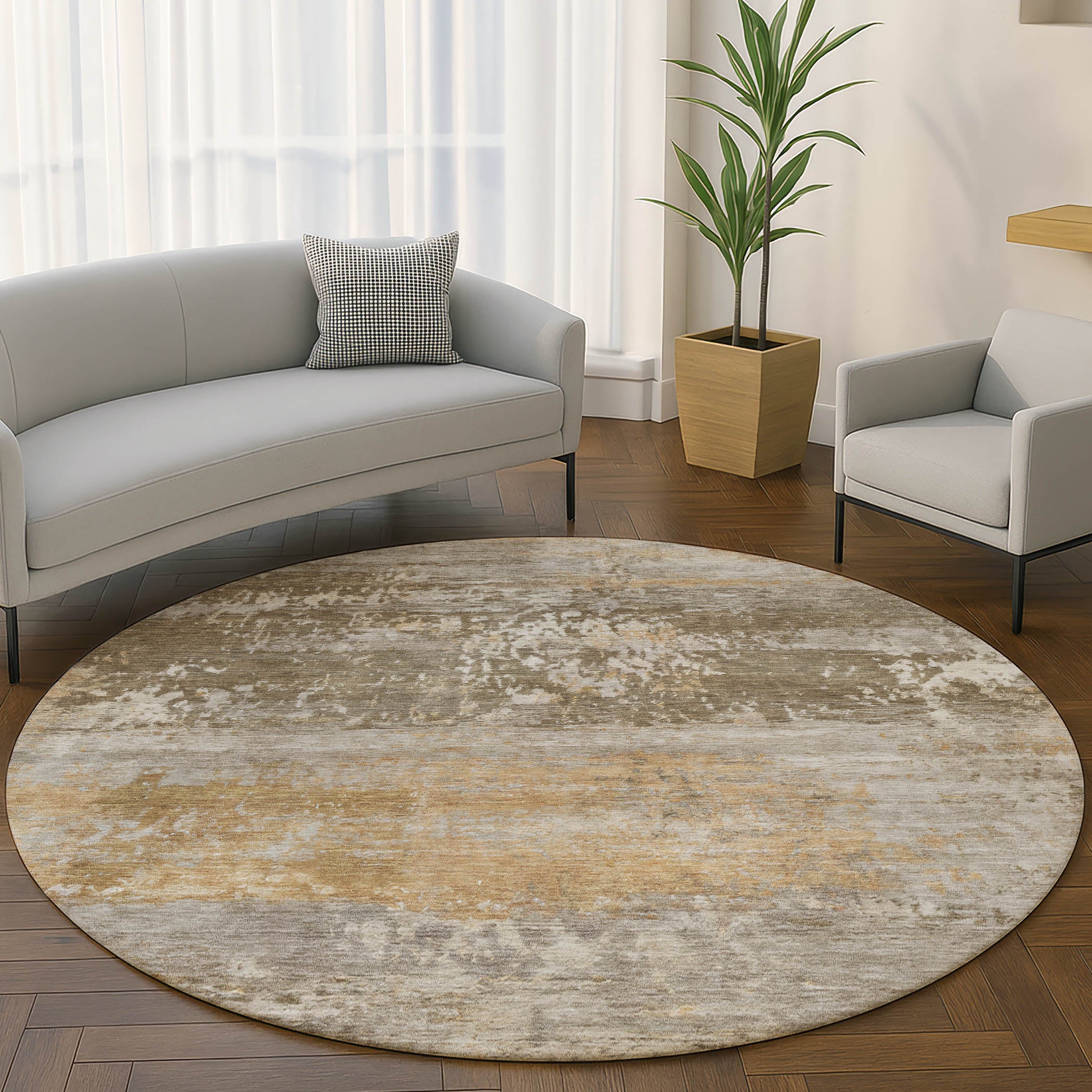 Florence Machine Washable Transitional Brown Rug 8' x 8' #shape_Round