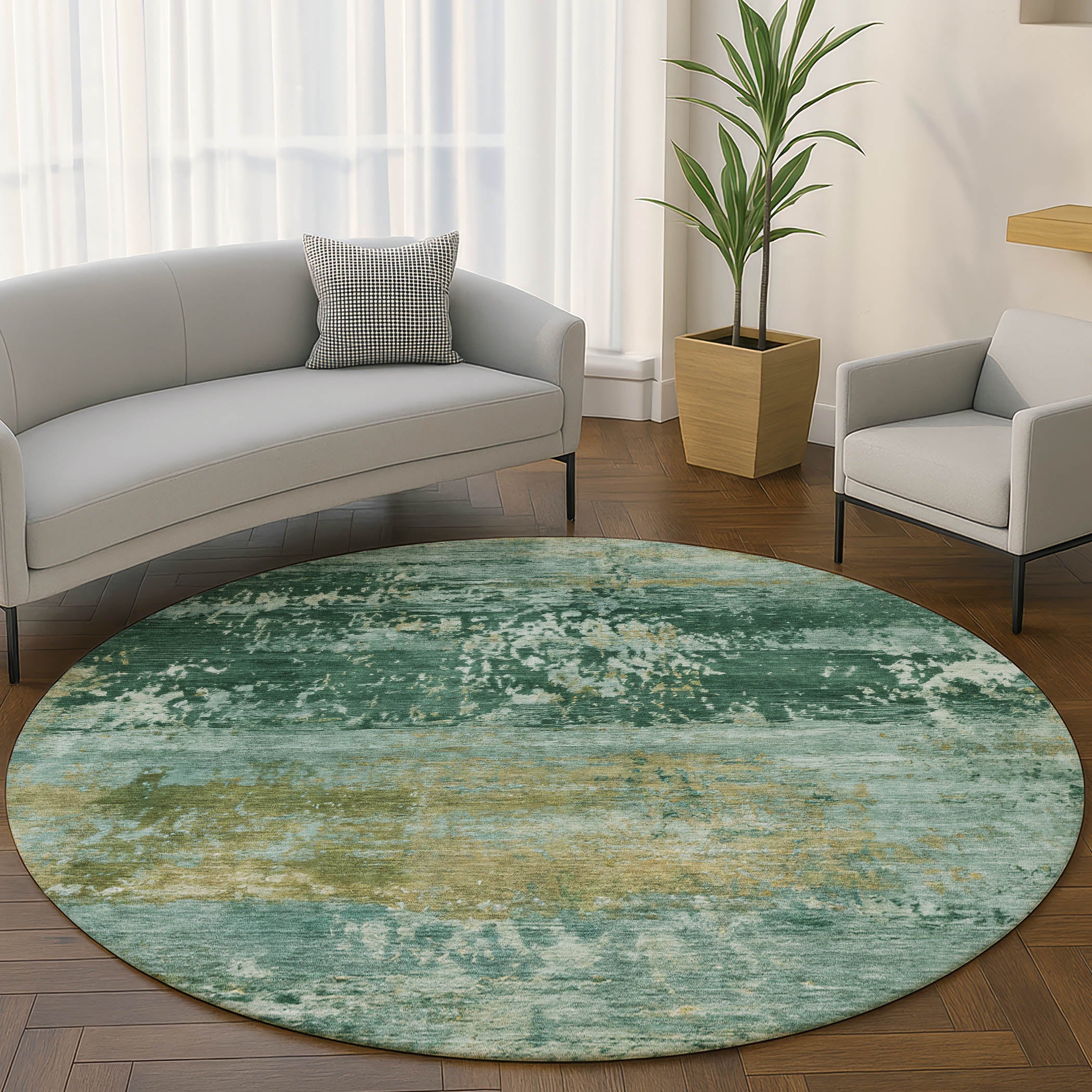 Florence Machine Washable Transitional Green Rug 8' x 8' #shape_Round
