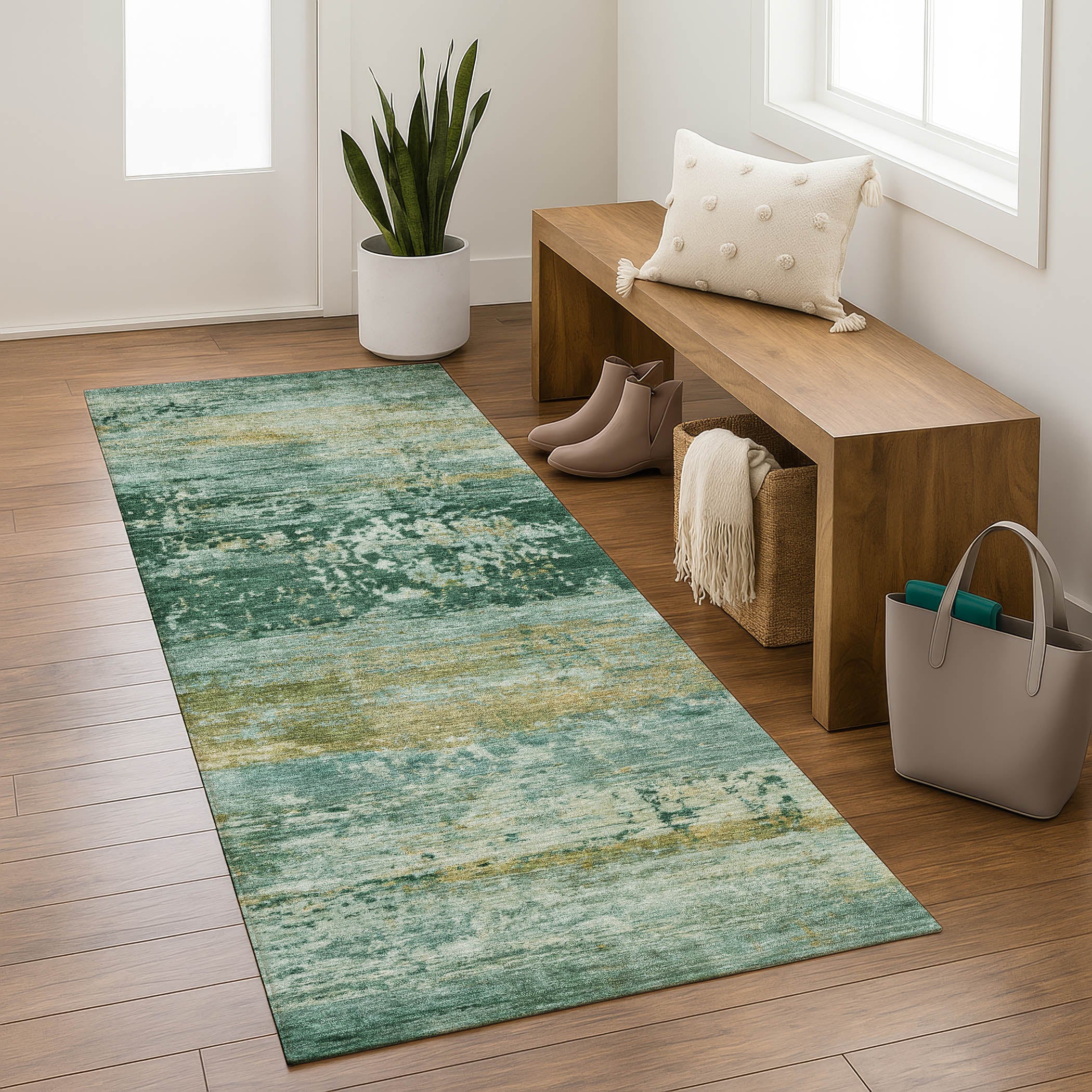 Florence Machine Washable Transitional Green Rug 2'3" x 7'6" #shape_Runner