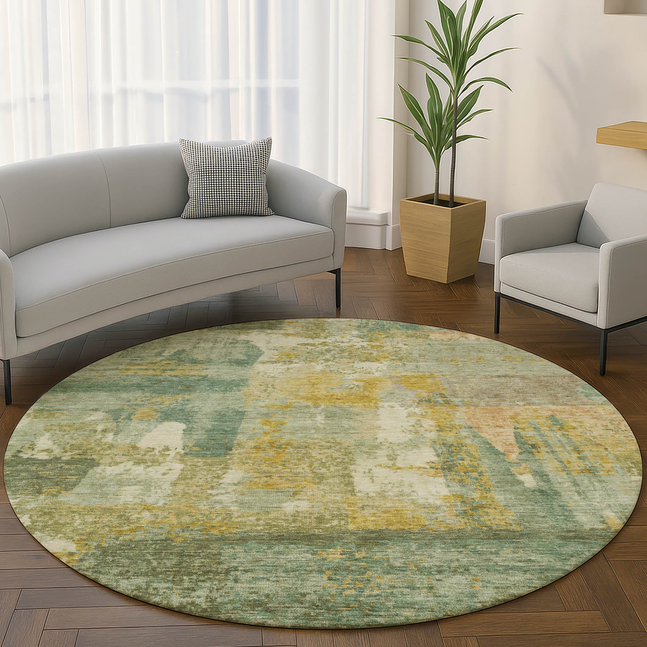 Lucerne Machine Washable Transitional Green Rug 8' x 8' #shape_Round