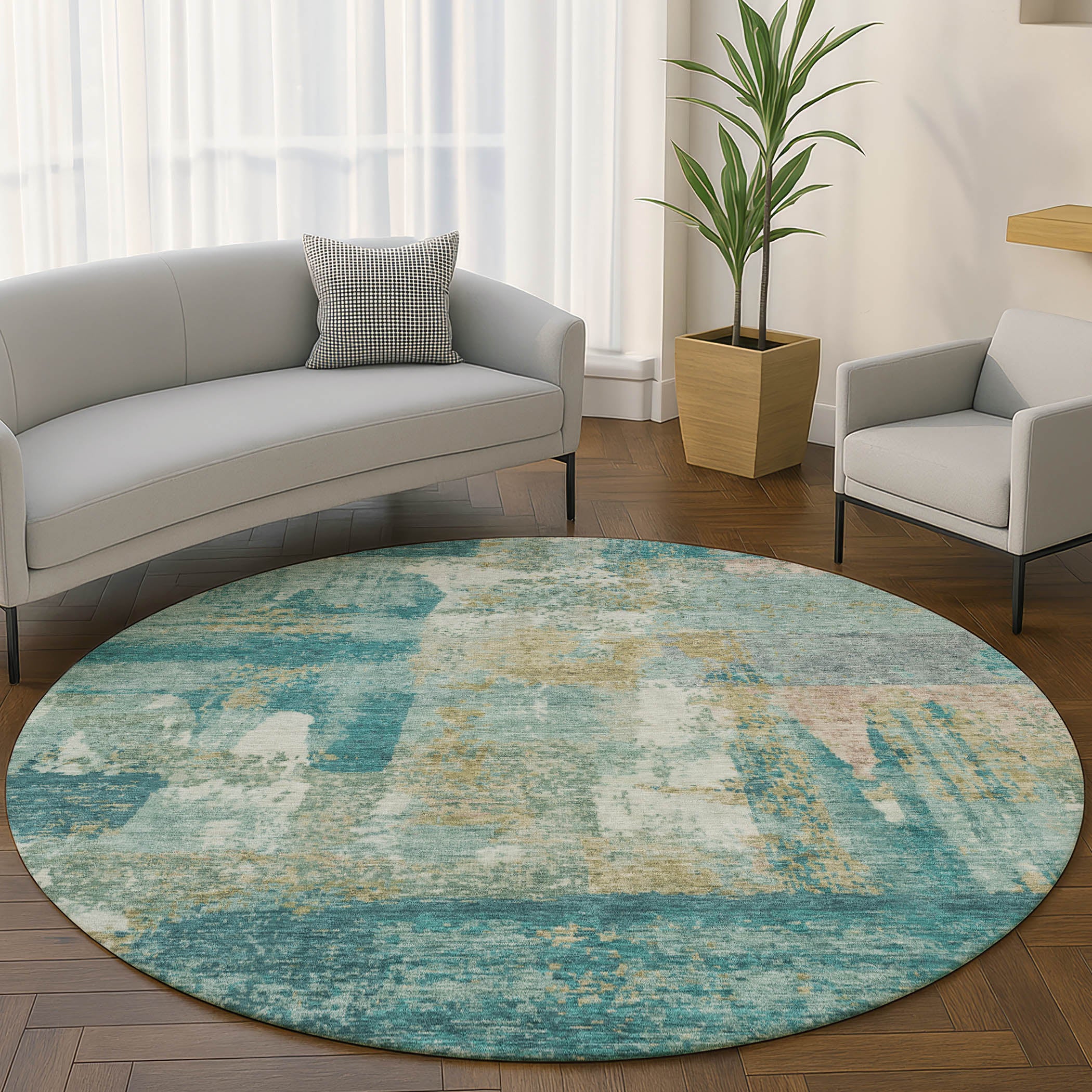 Lucerne Machine Washable Transitional Teal Rug 8' x 8' #shape_Round
