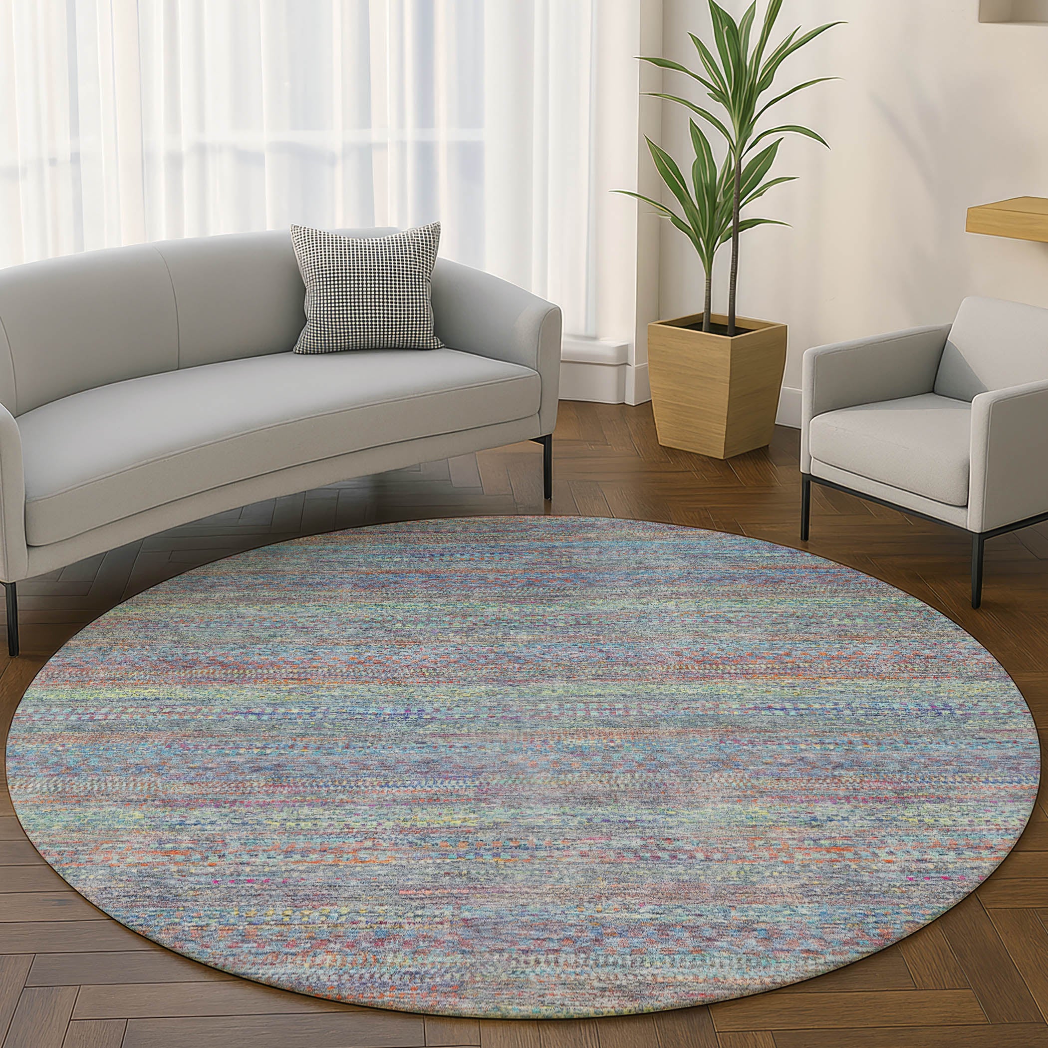 Santorini Machine Washable Transitional Blue Rug 8' x 8' #shape_Round