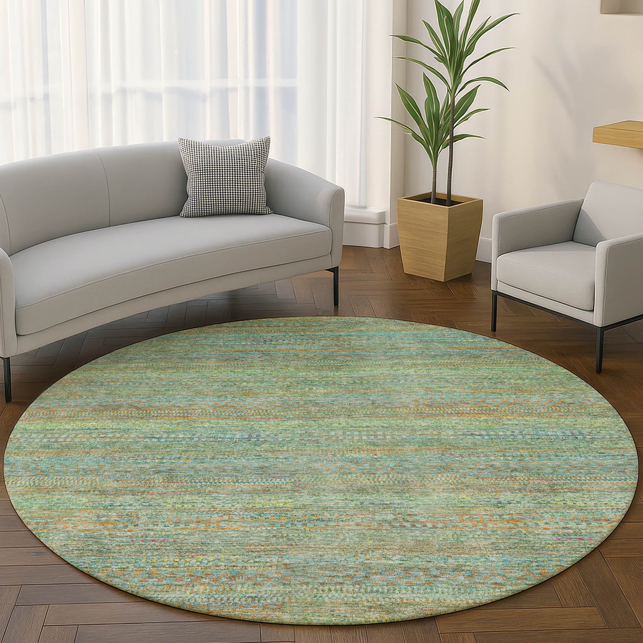 Santorini Machine Washable Transitional Green Rug 8' x 8' #shape_Round
