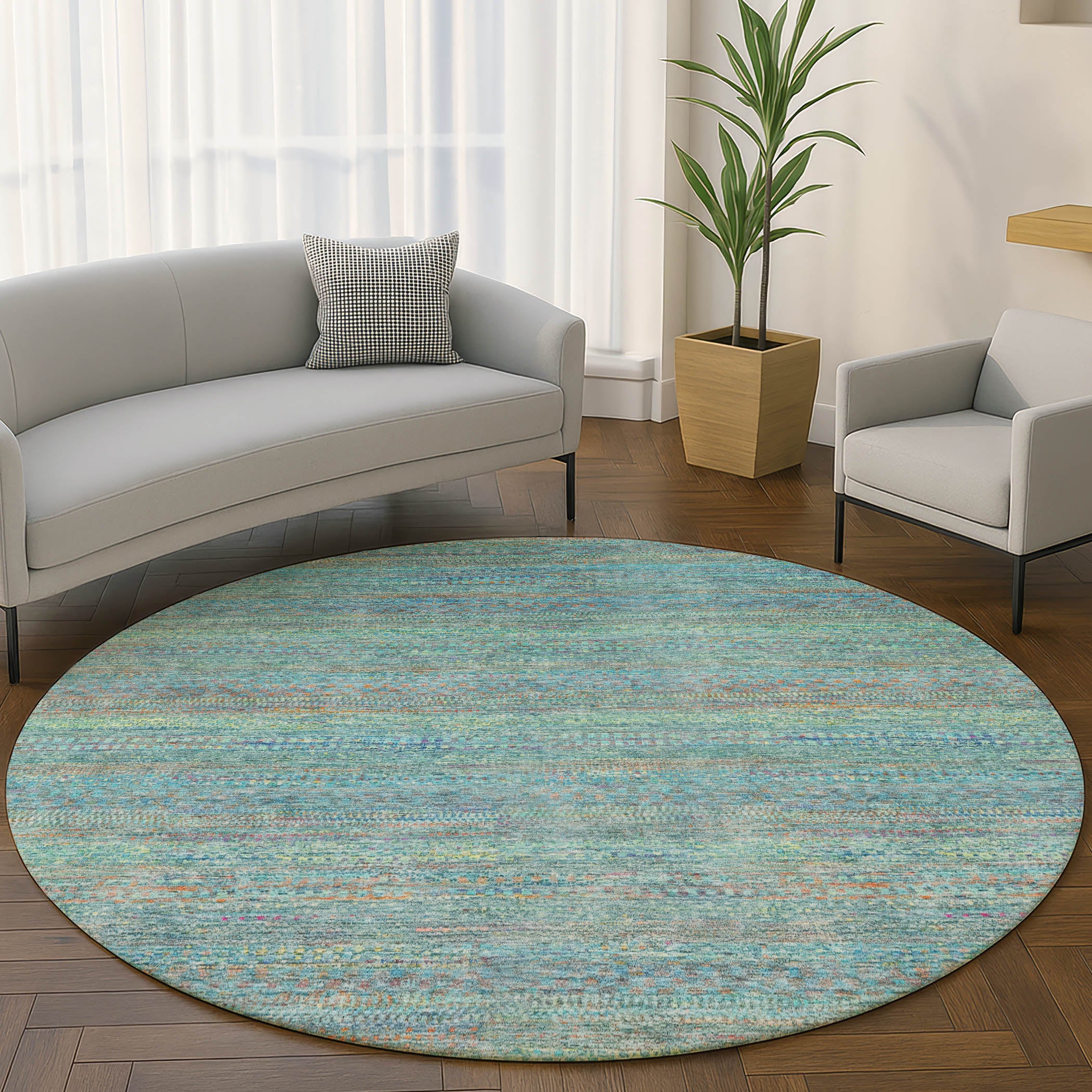 Santorini Machine Washable Transitional Teal Rug 8' x 8' #shape_Round