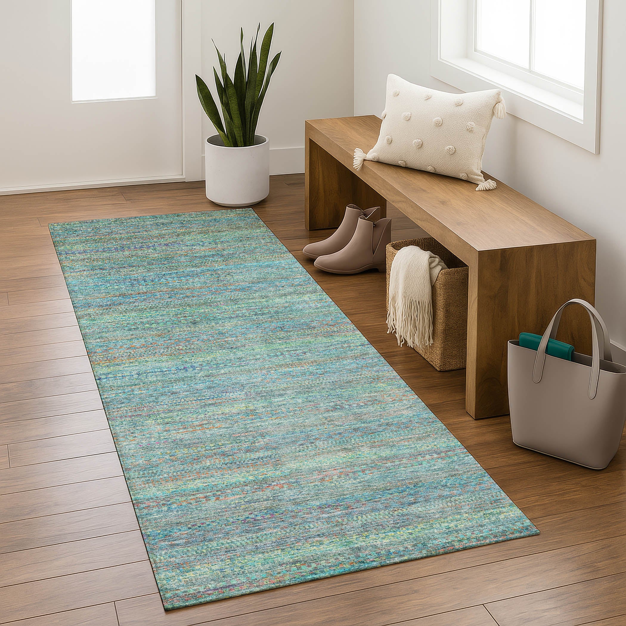 Santorini Machine Washable Transitional Teal Rug 2'3" x 7'6" #shape_Runner