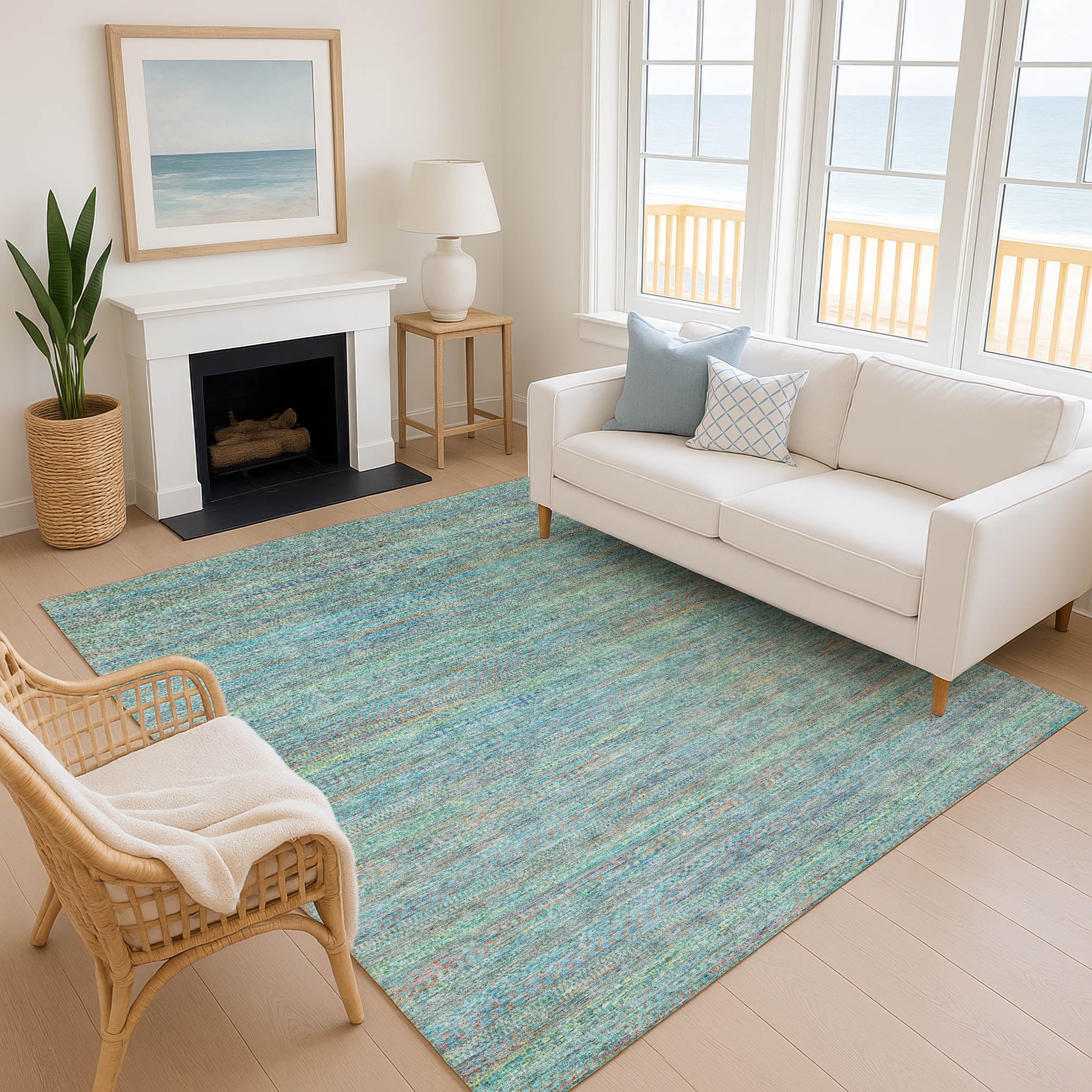 Santorini Machine Washable Transitional Teal Rug 2'6" x 3'10" #shape_Rectangle