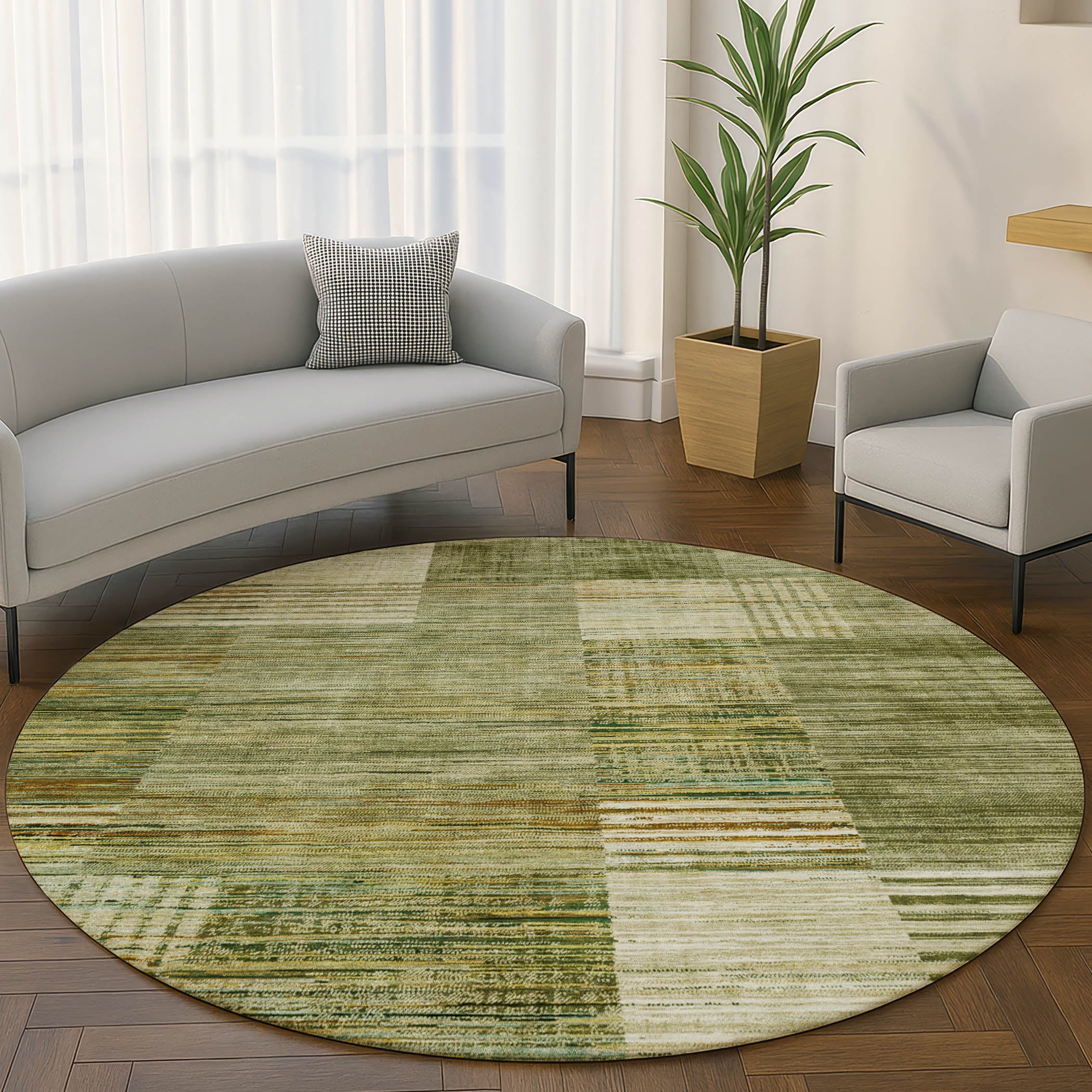 Porto Machine Washable Transitional Aloe Green Rug 8' x 8' #shape_Round