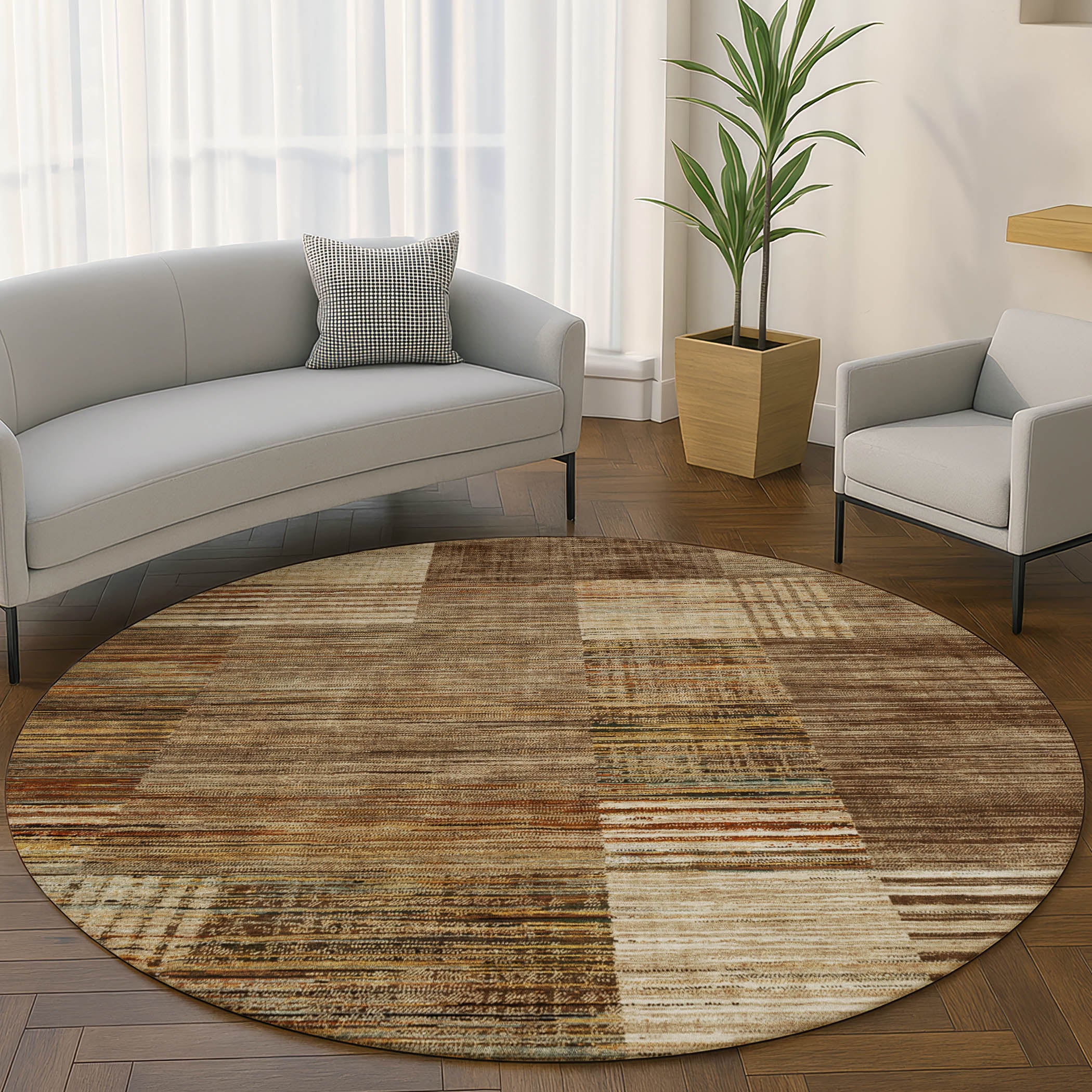 Porto Machine Washable Transitional Brown Rug 8' x 8' #shape_Round