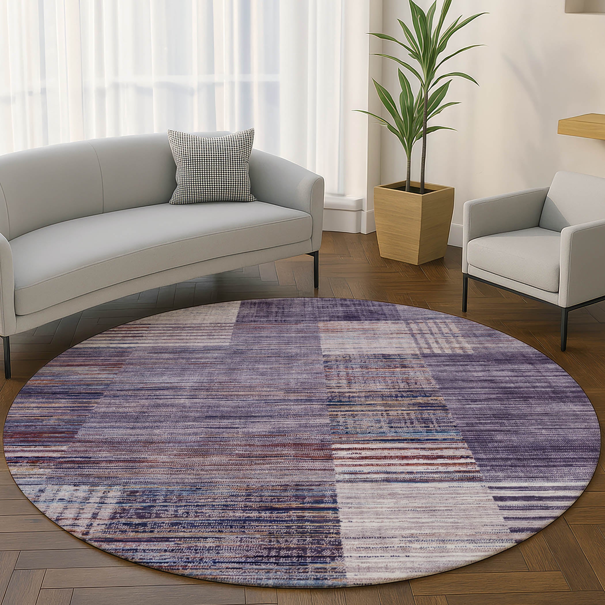 Porto Machine Washable Transitional Plum Purple Rug 8' x 8' #shape_Round