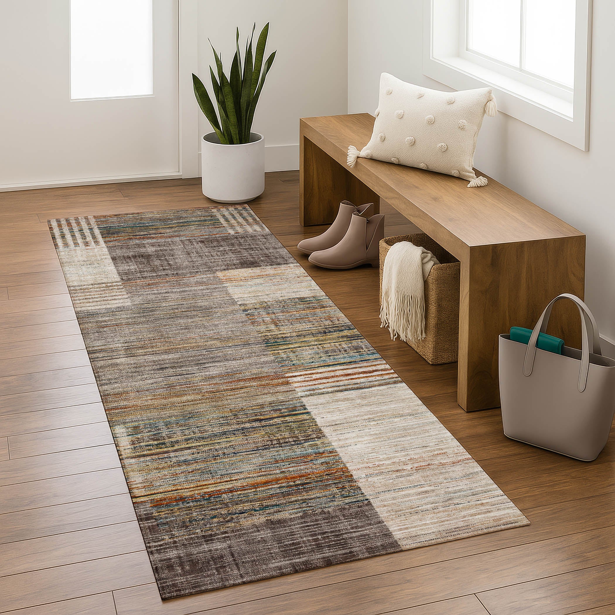 Porto Machine Washable Transitional Taupe Brown Rug 2'3" x 7'6" #shape_Runner