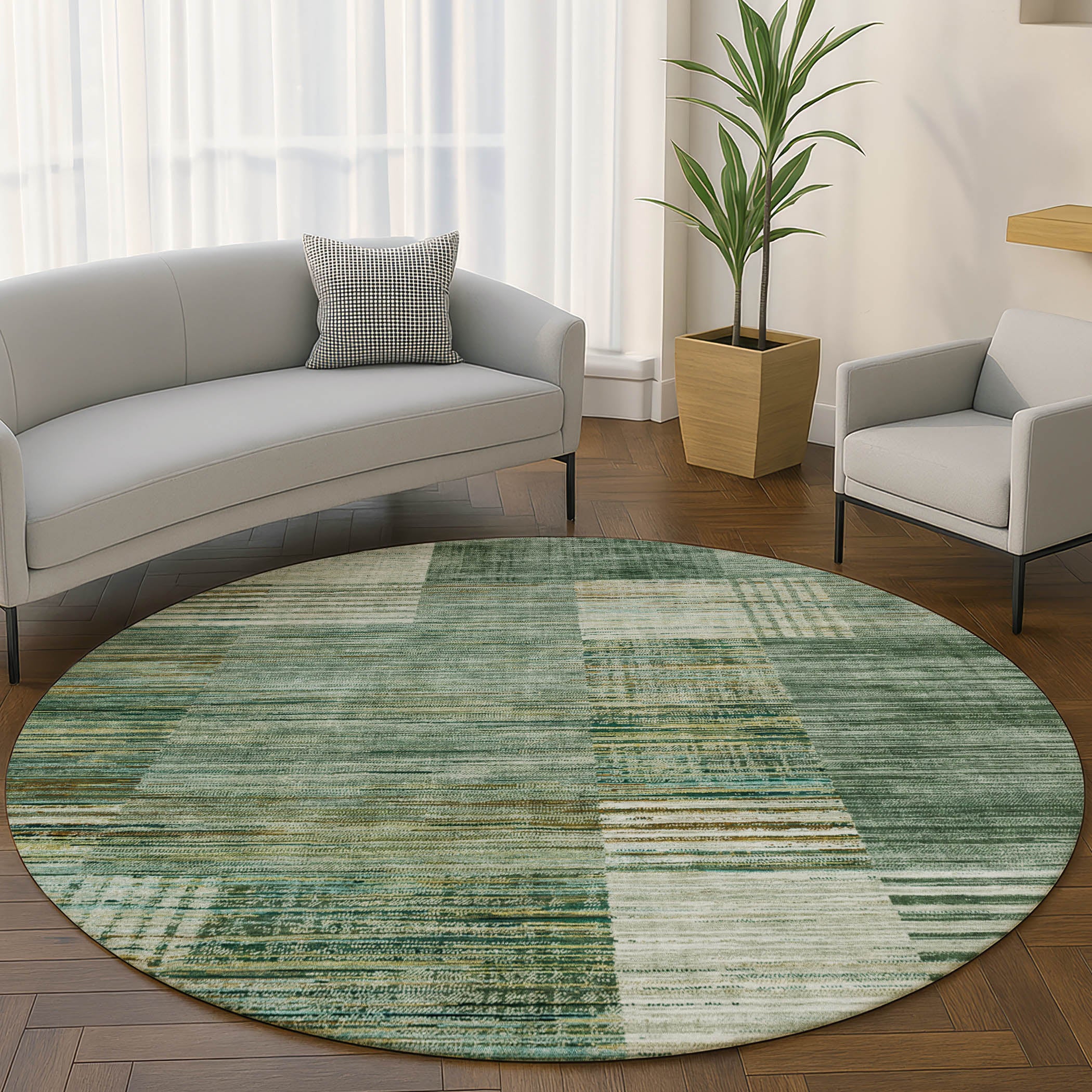 Porto Machine Washable Transitional Teal Rug 8' x 8' #shape_Round