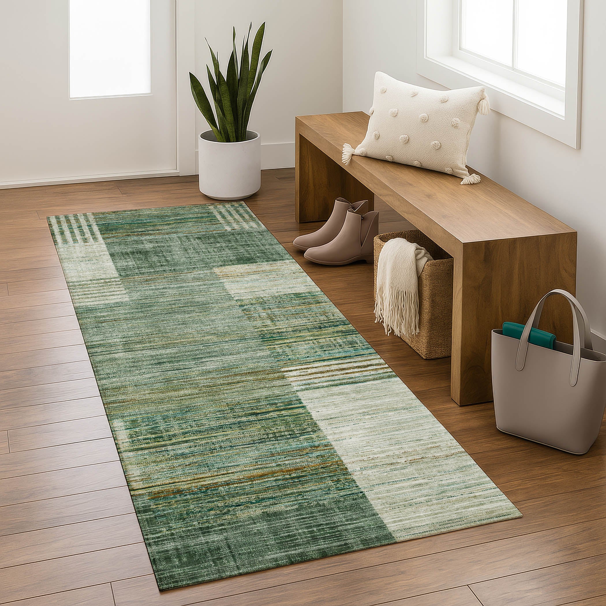 Porto Machine Washable Transitional Teal Rug 2'3" x 7'6" #shape_Runner