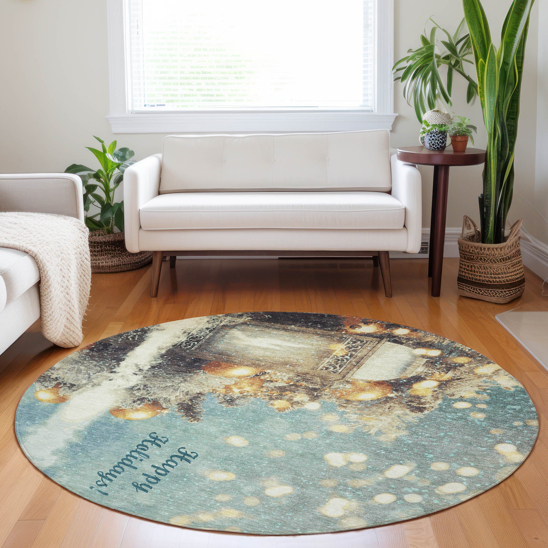 Rome Machine Washable Holiday Blue Rug 8' x 8' #shape_Round