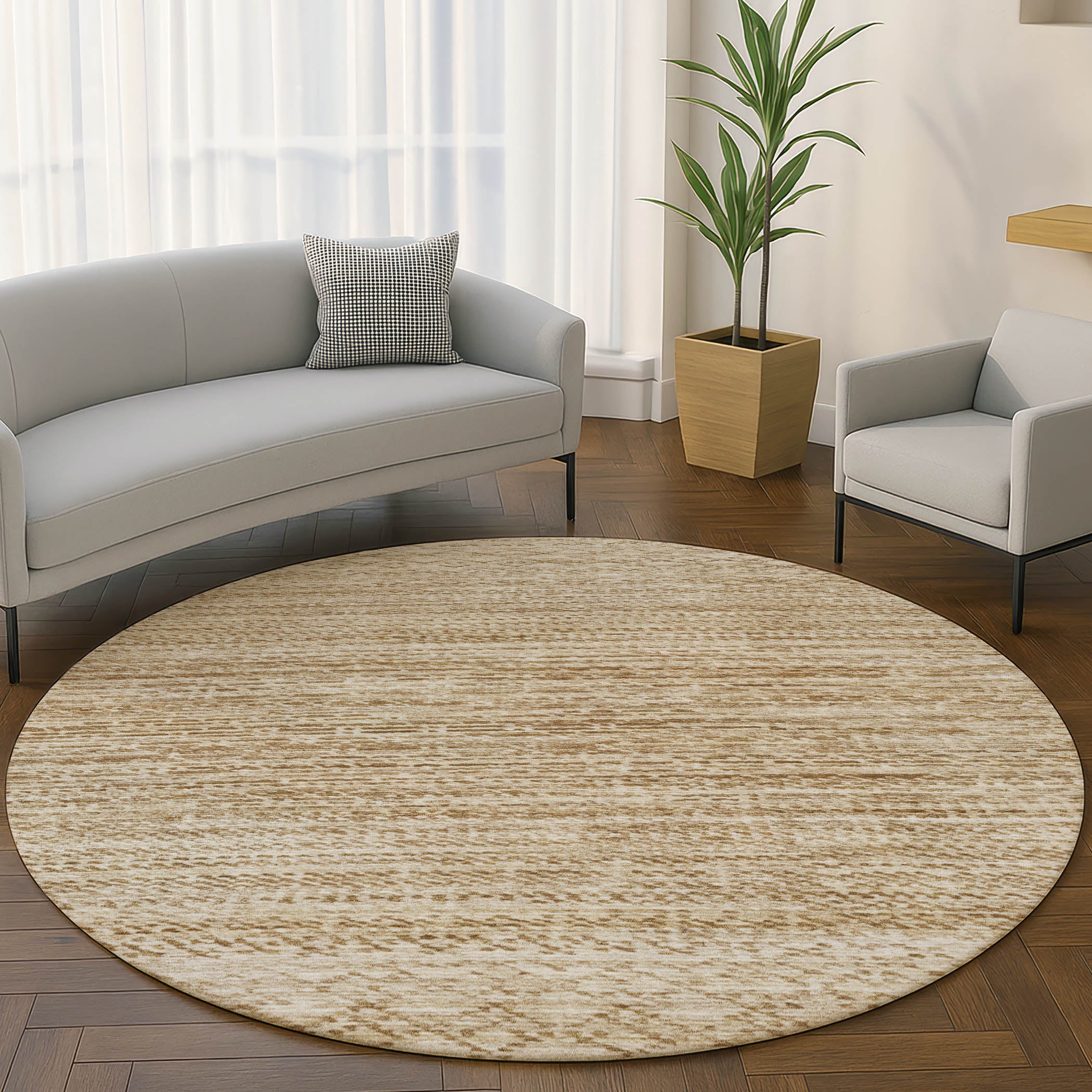 Sintra Machine Washable Transitional Beige Brown Rug 8' x 8' #shape_Round
