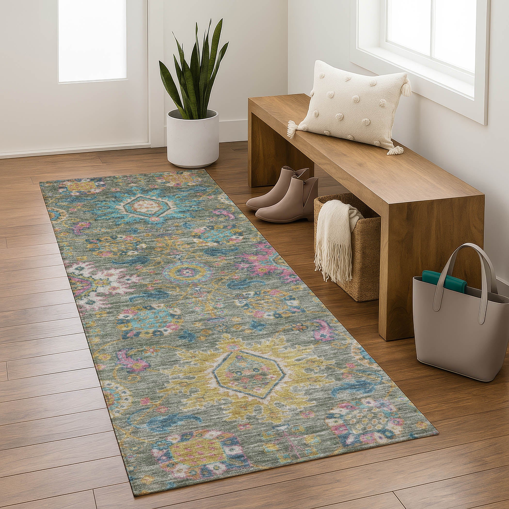 Cusco Machine Washable Traditional Aloe Green Rug 2'3" x 7'6" #shape_Runner