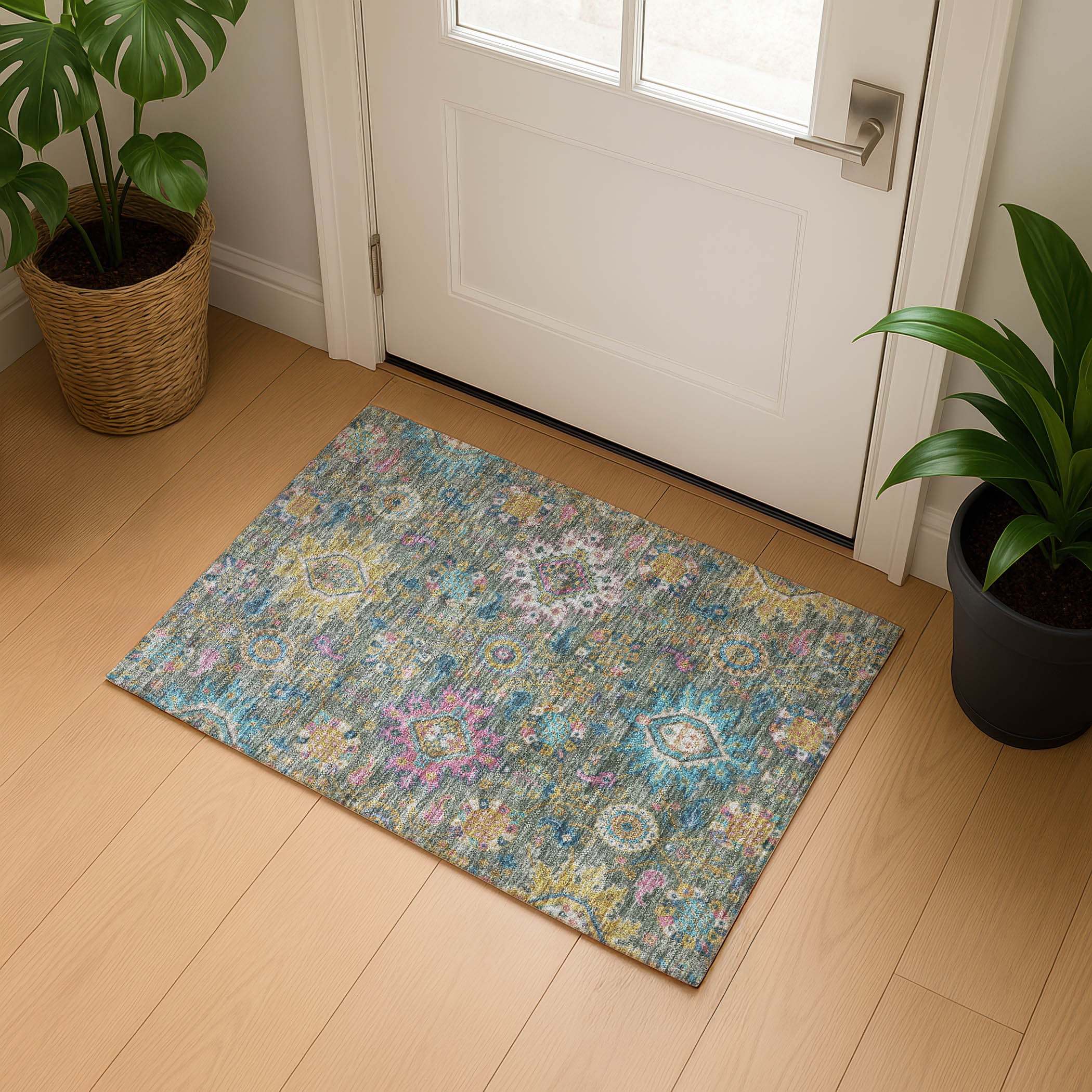 Cusco Machine Washable Traditional Aloe Green Rug 1'8" x 2'6" #shape_Rectangle