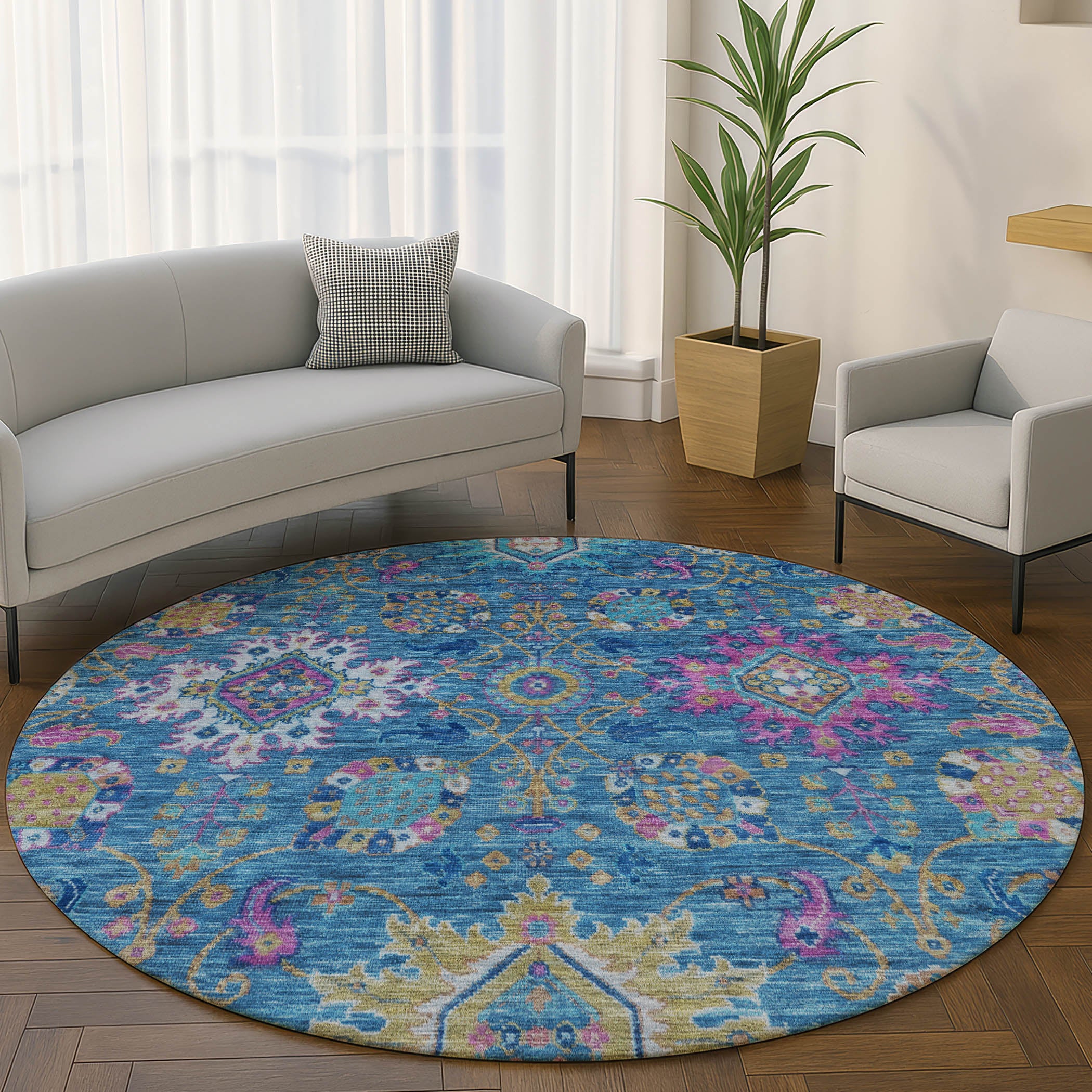 Cusco Machine Washable Traditional Blue Rug 8' x 8' #shape_Round
