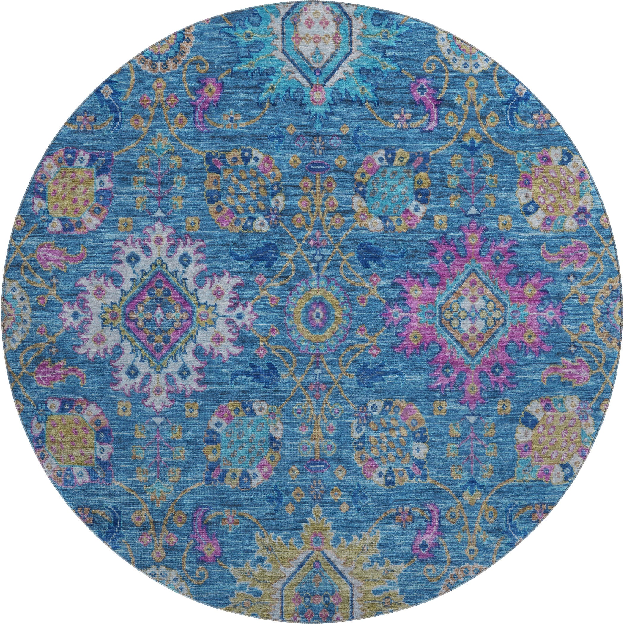Cusco Machine Washable Traditional Blue Rug 8' x 8' #shape_Round