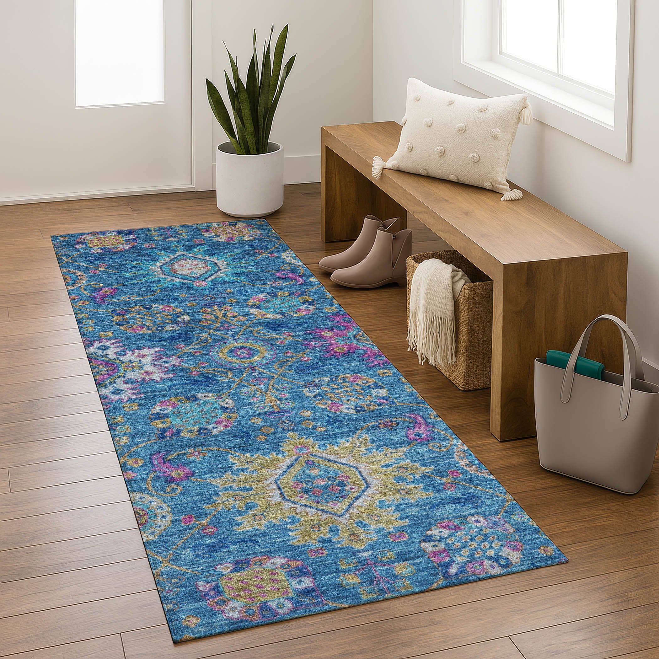 Cusco Machine Washable Traditional Blue Rug 2'3" x 7'6" #shape_Runner