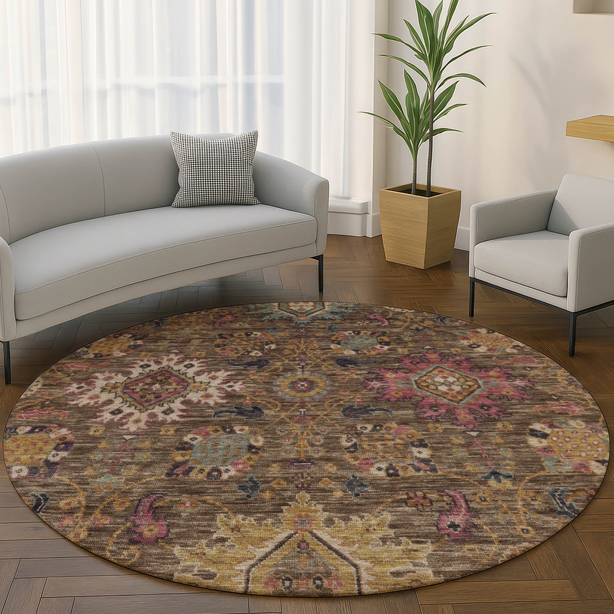Cusco Machine Washable Traditional Chocolate Brown Rug 8' x 8' #shape_Round
