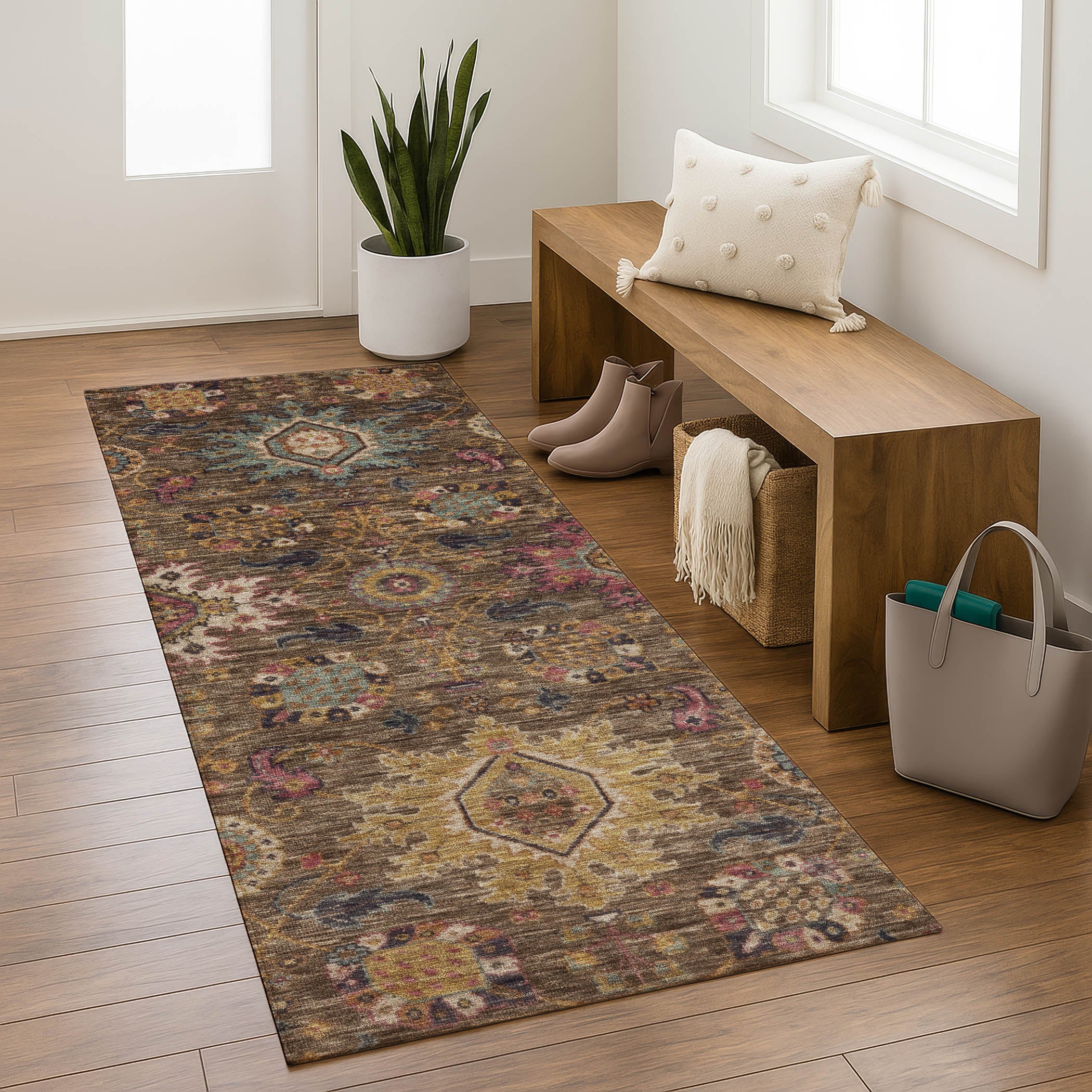 Cusco Machine Washable Traditional Chocolate Brown Rug 2'3" x 7'6" #shape_Runner