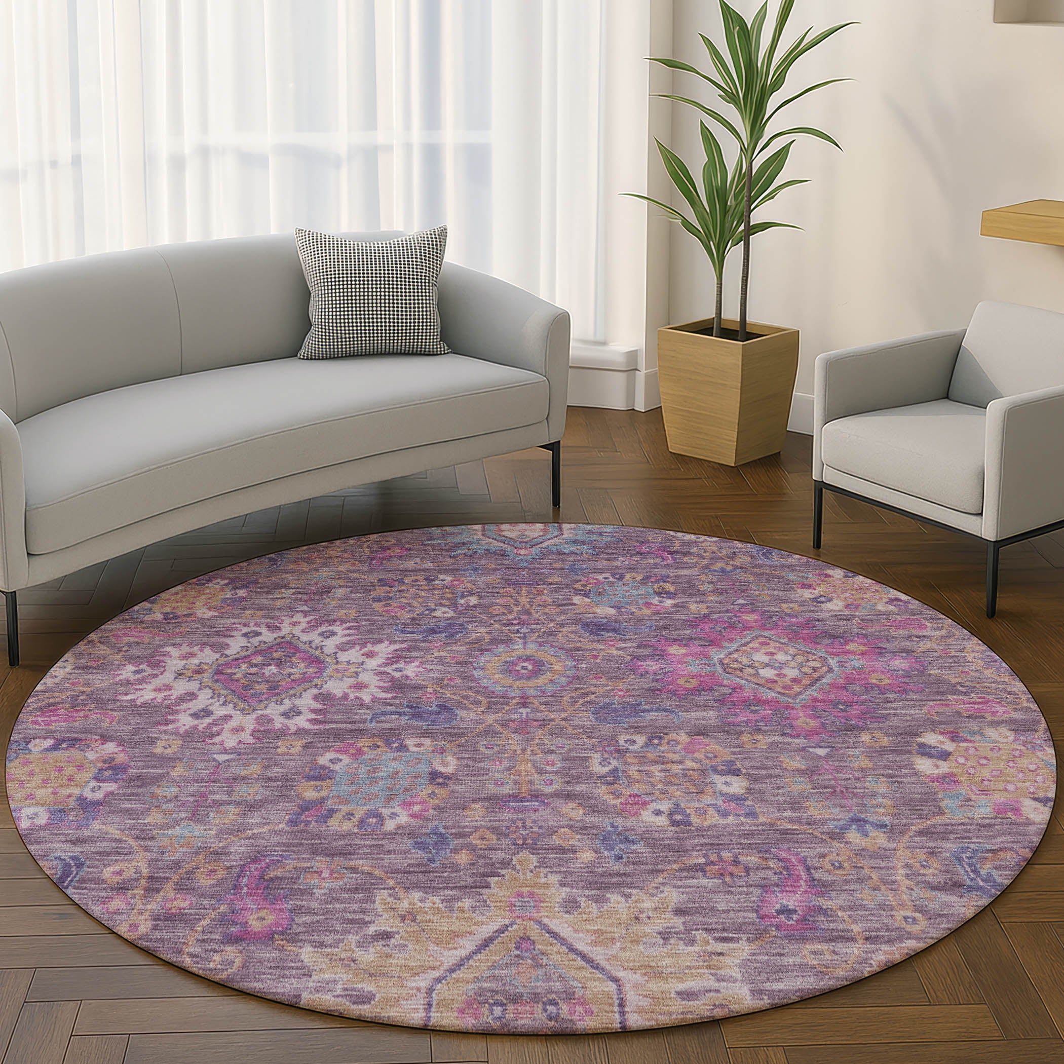 Cusco Machine Washable Traditional Eggplant Purple Rug 8' x 8' #shape_Round