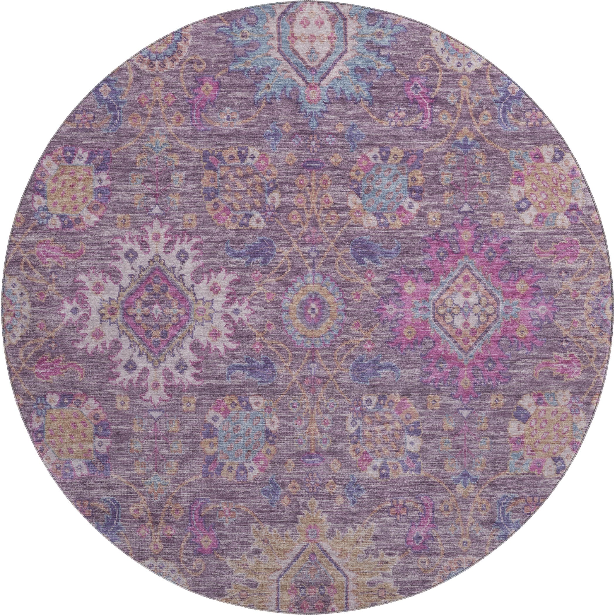 Cusco Machine Washable Traditional Eggplant Purple Rug 8' x 8' #shape_Round