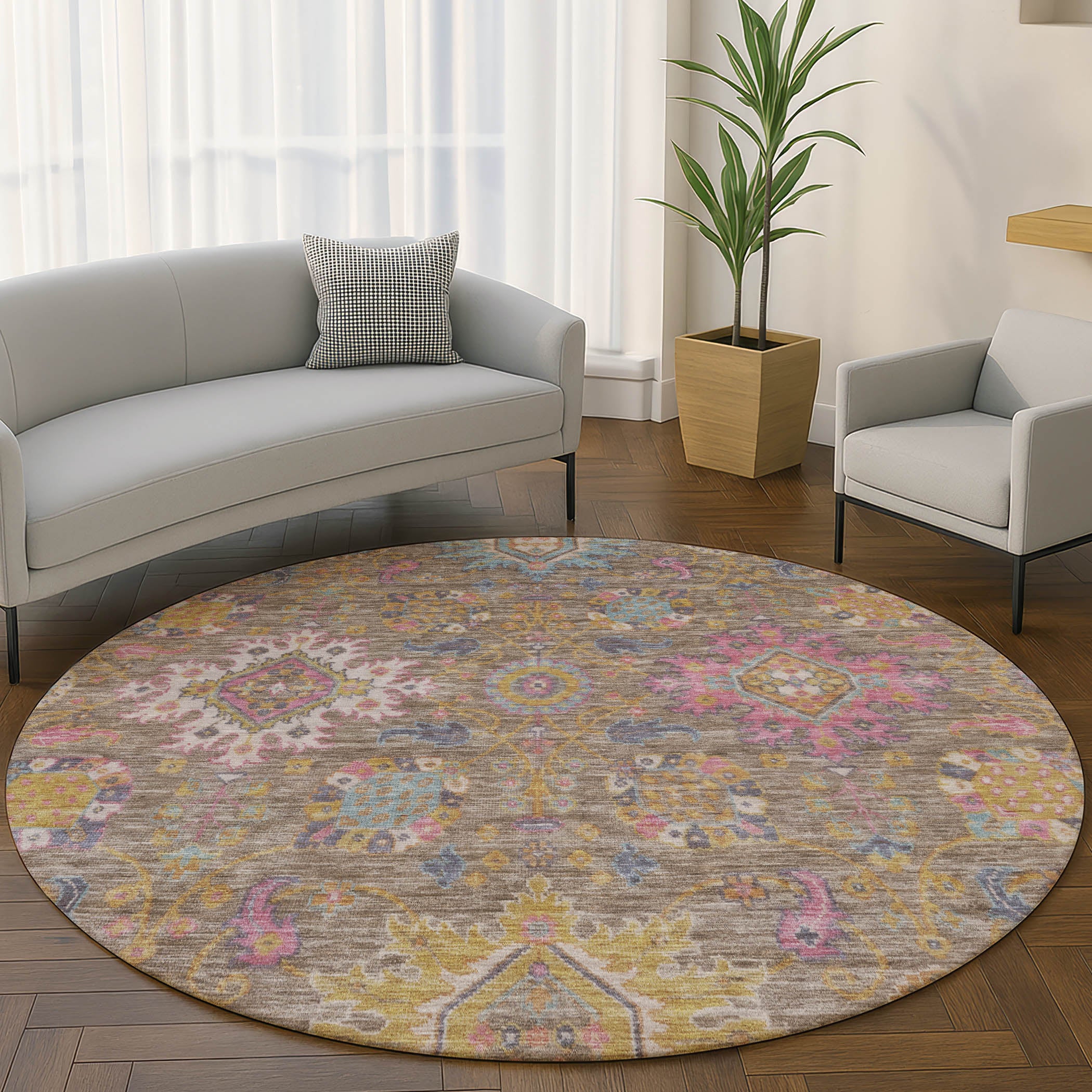 Cusco Machine Washable Traditional Mocha Brown Rug 8' x 8' #shape_Round