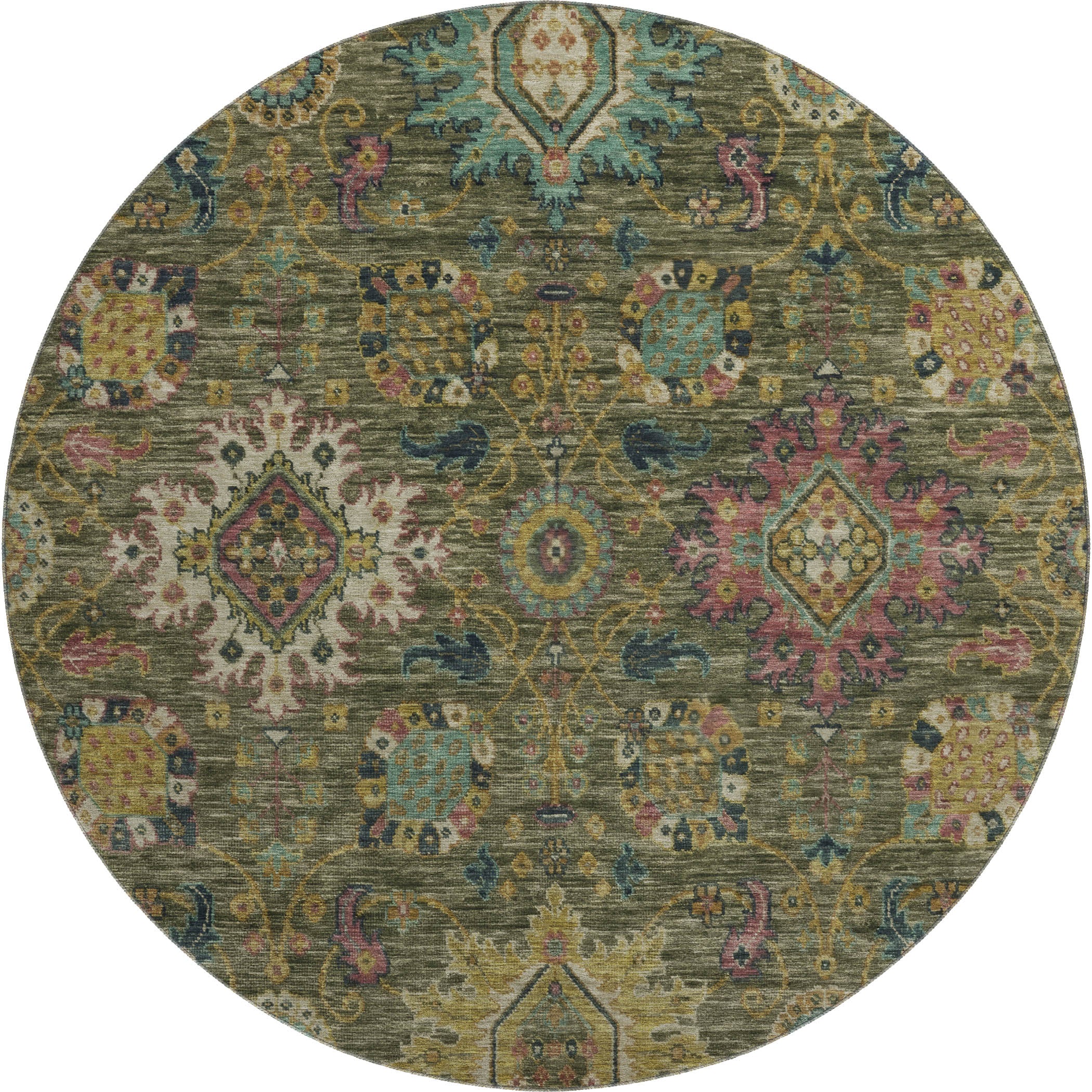 Cusco Machine Washable Traditional Olive Green Rug 8' x 8' #shape_Round