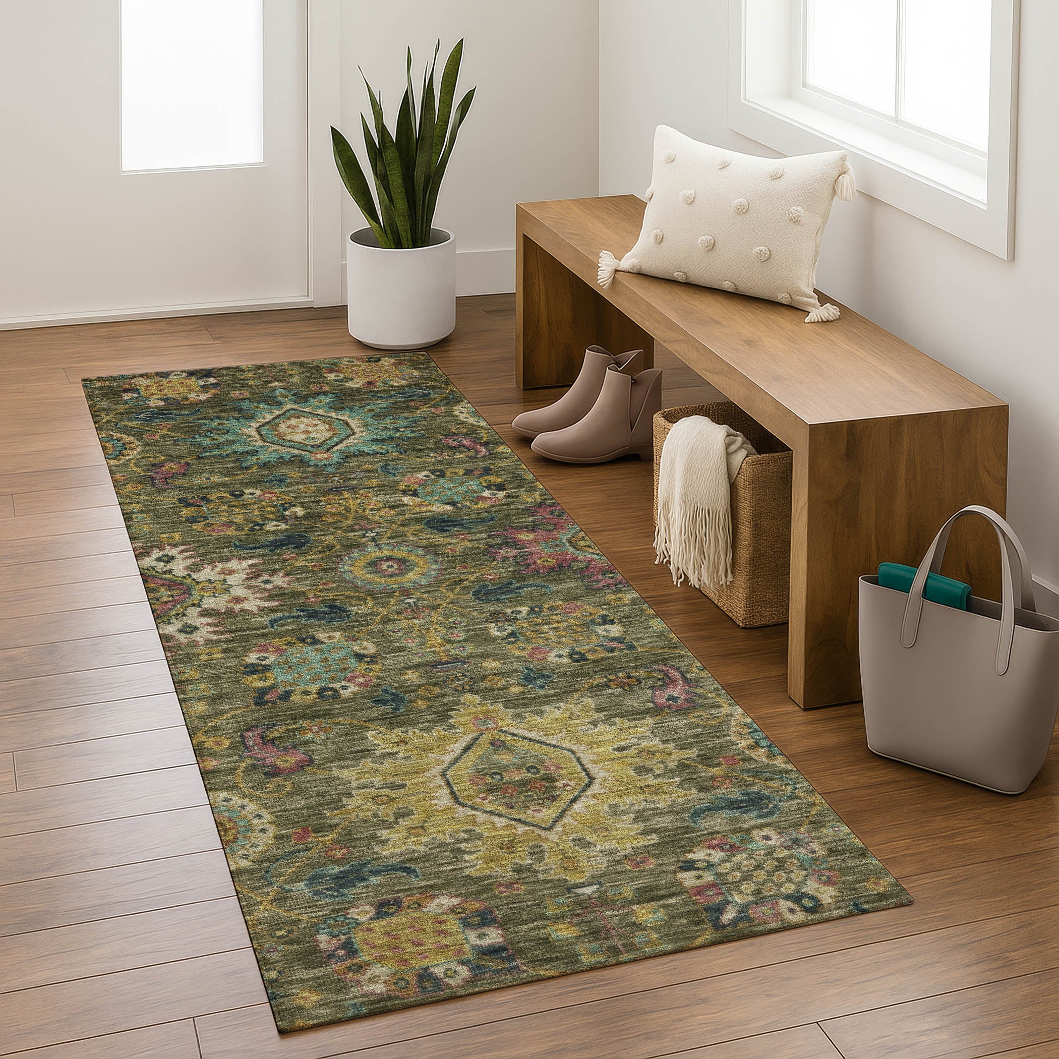 Cusco Machine Washable Traditional Olive Green Rug 2'3" x 7'6" #shape_Runner