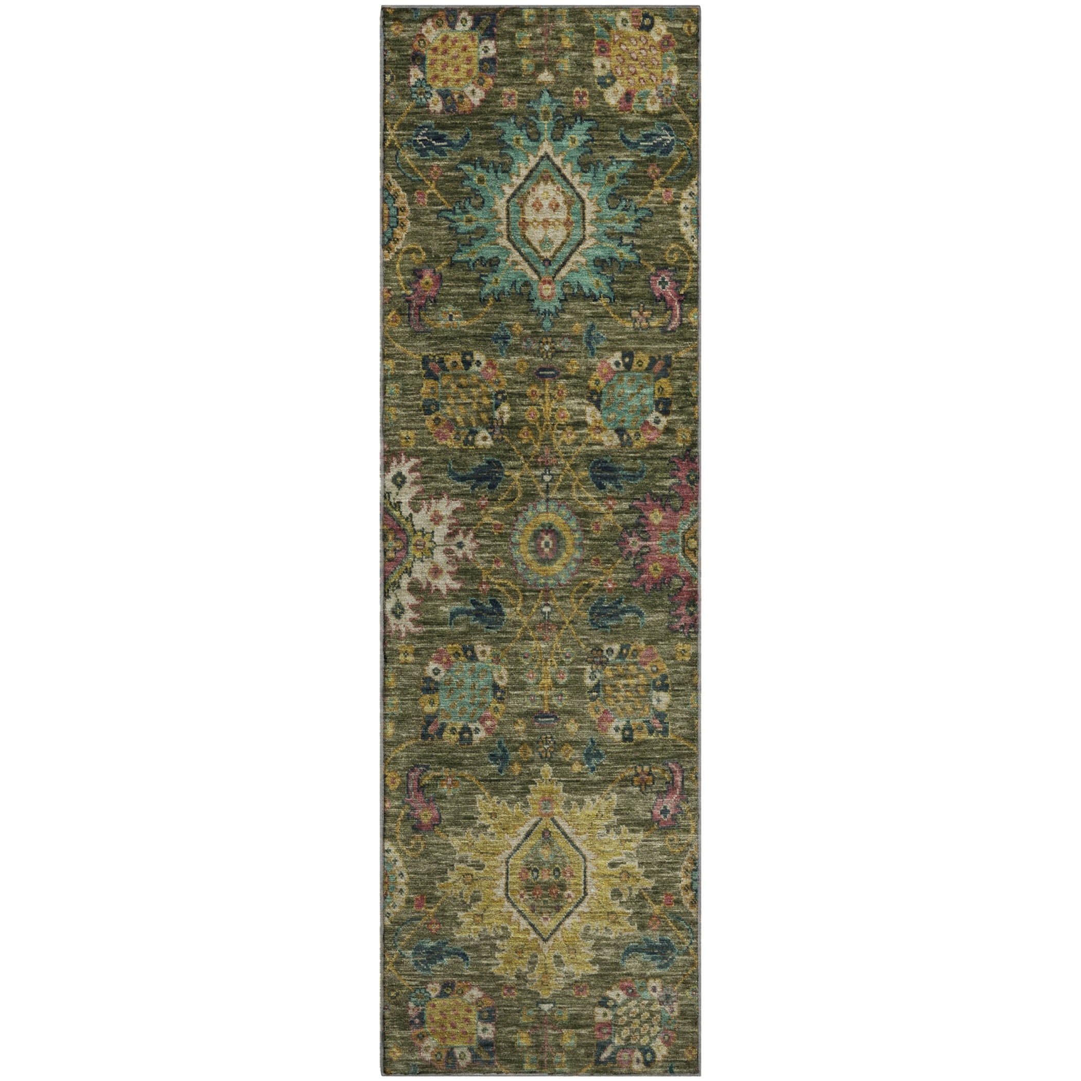 Cusco Machine Washable Traditional Olive Green Rug 2'3" x 7'6" #shape_Runner