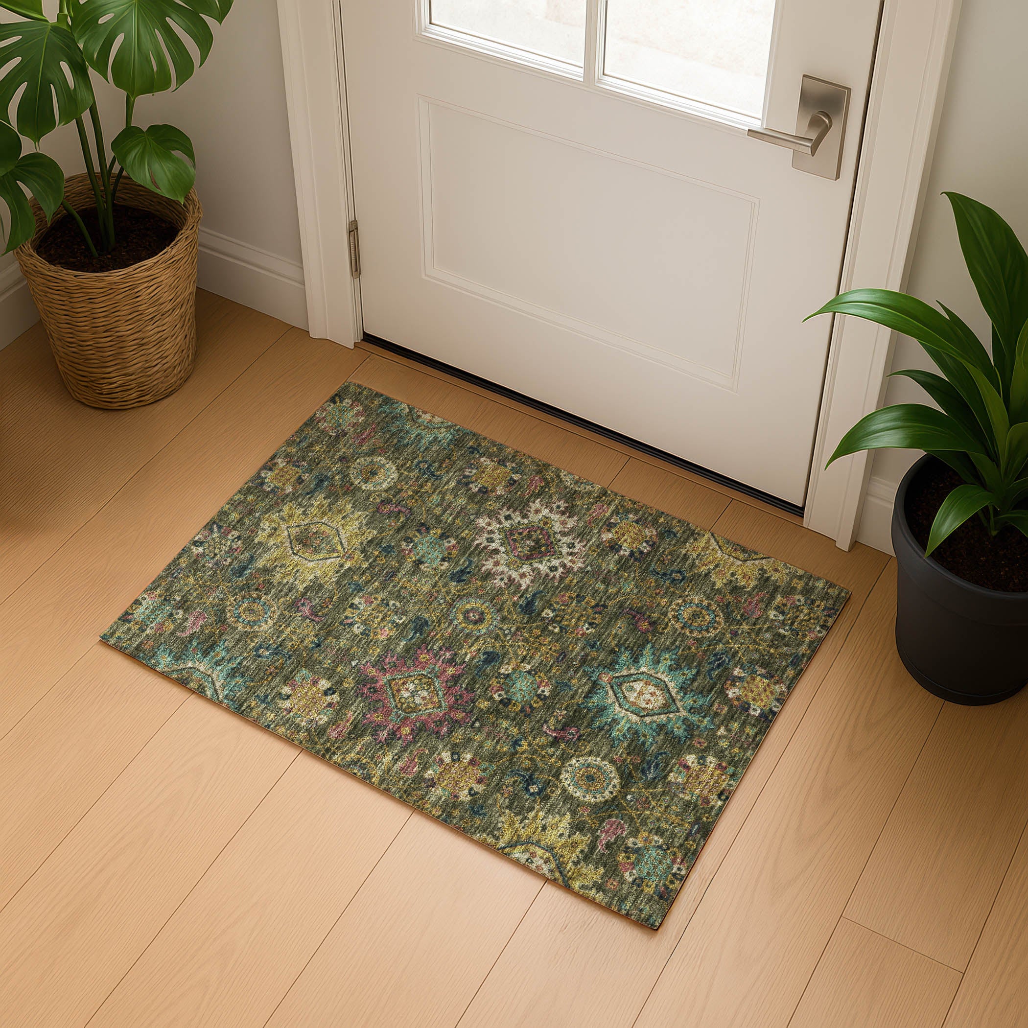 Cusco Machine Washable Traditional Olive Green Rug 1'8" x 2'6" #shape_Rectangle