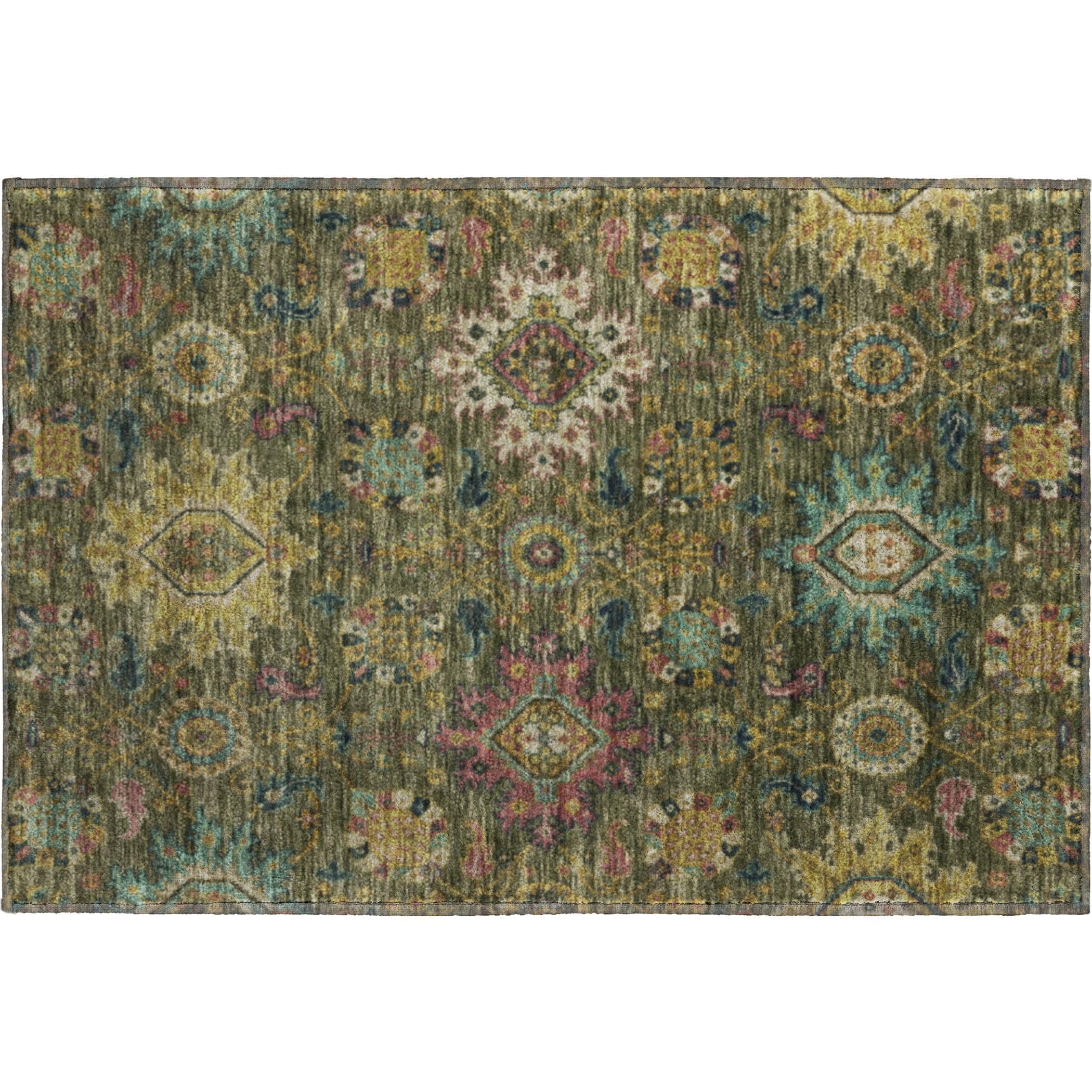 Cusco Machine Washable Traditional Olive Green Rug 1'8" x 2'6" #shape_Rectangle