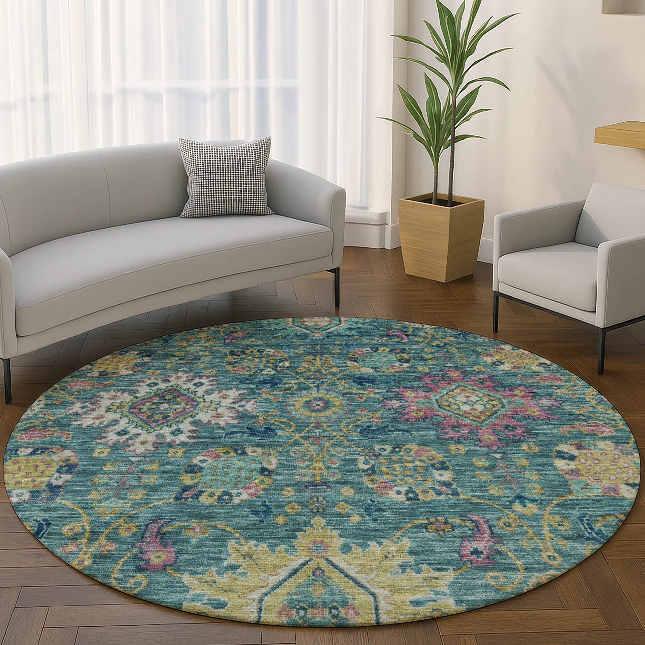 Cusco Machine Washable Traditional Teal Rug 8' x 8' #shape_Round