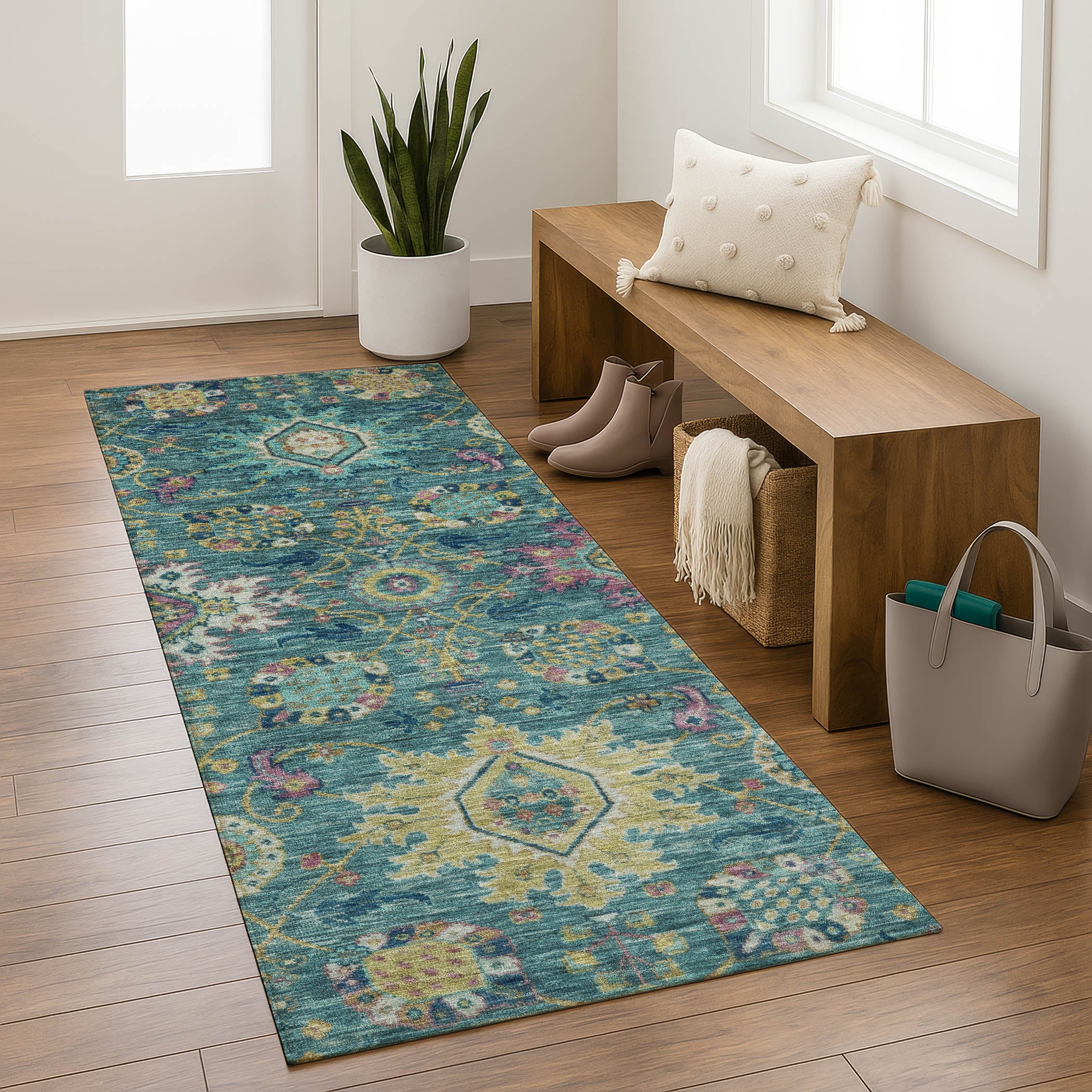 Cusco Machine Washable Traditional Teal Rug 2'3" x 7'6" #shape_Runner