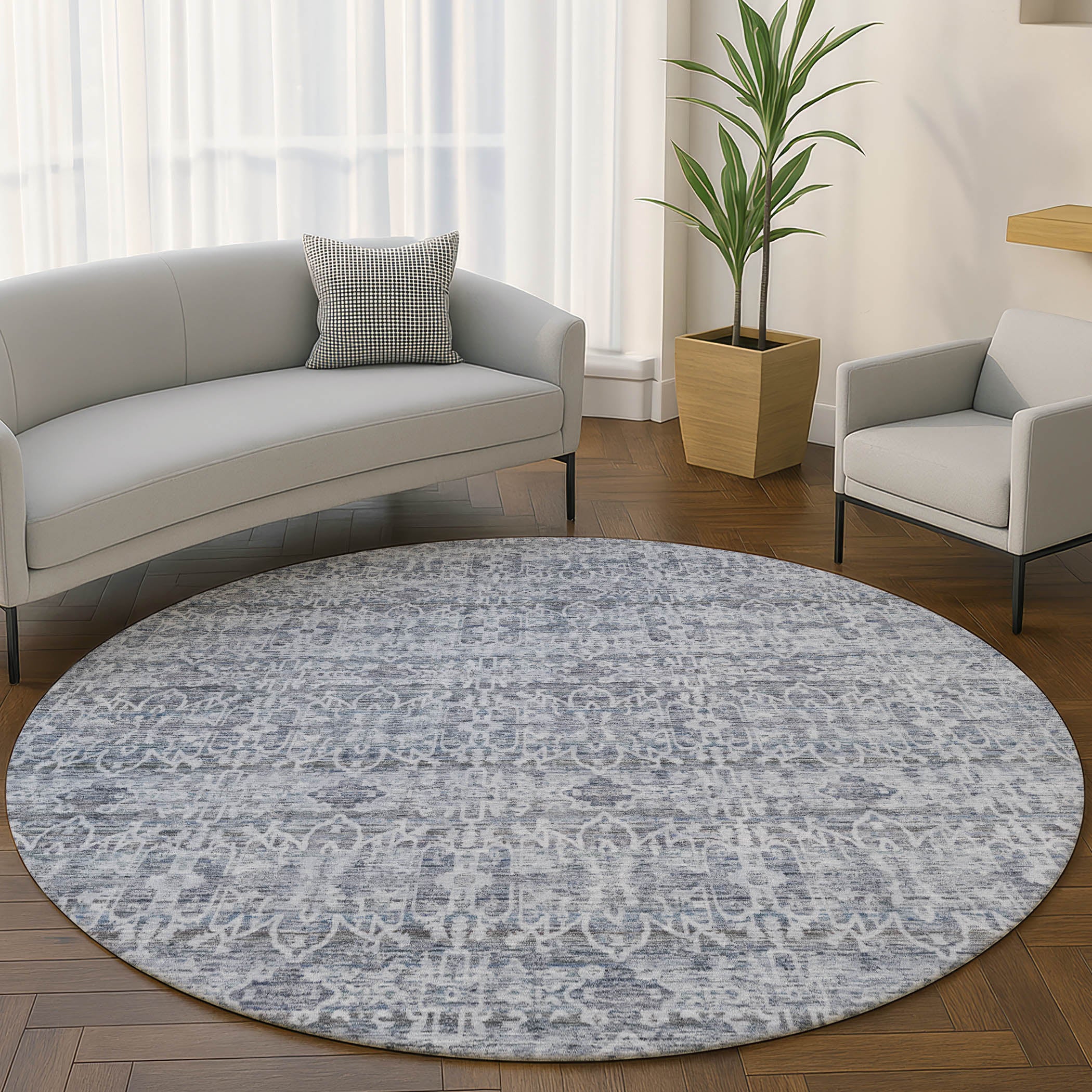 Hoi An Machine Washable Transitional Blue Rug 8' x 8' #shape_Round