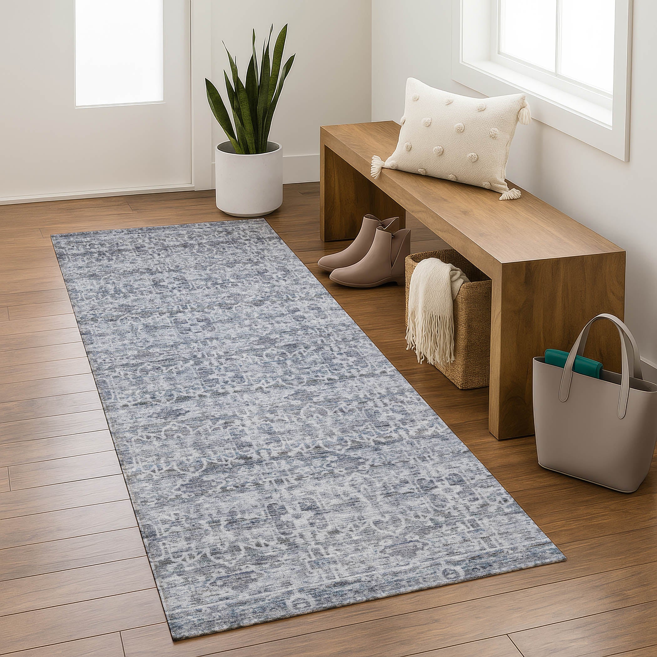 Hoi An Machine Washable Transitional Blue Rug 2'3" x 7'6" #shape_Runner