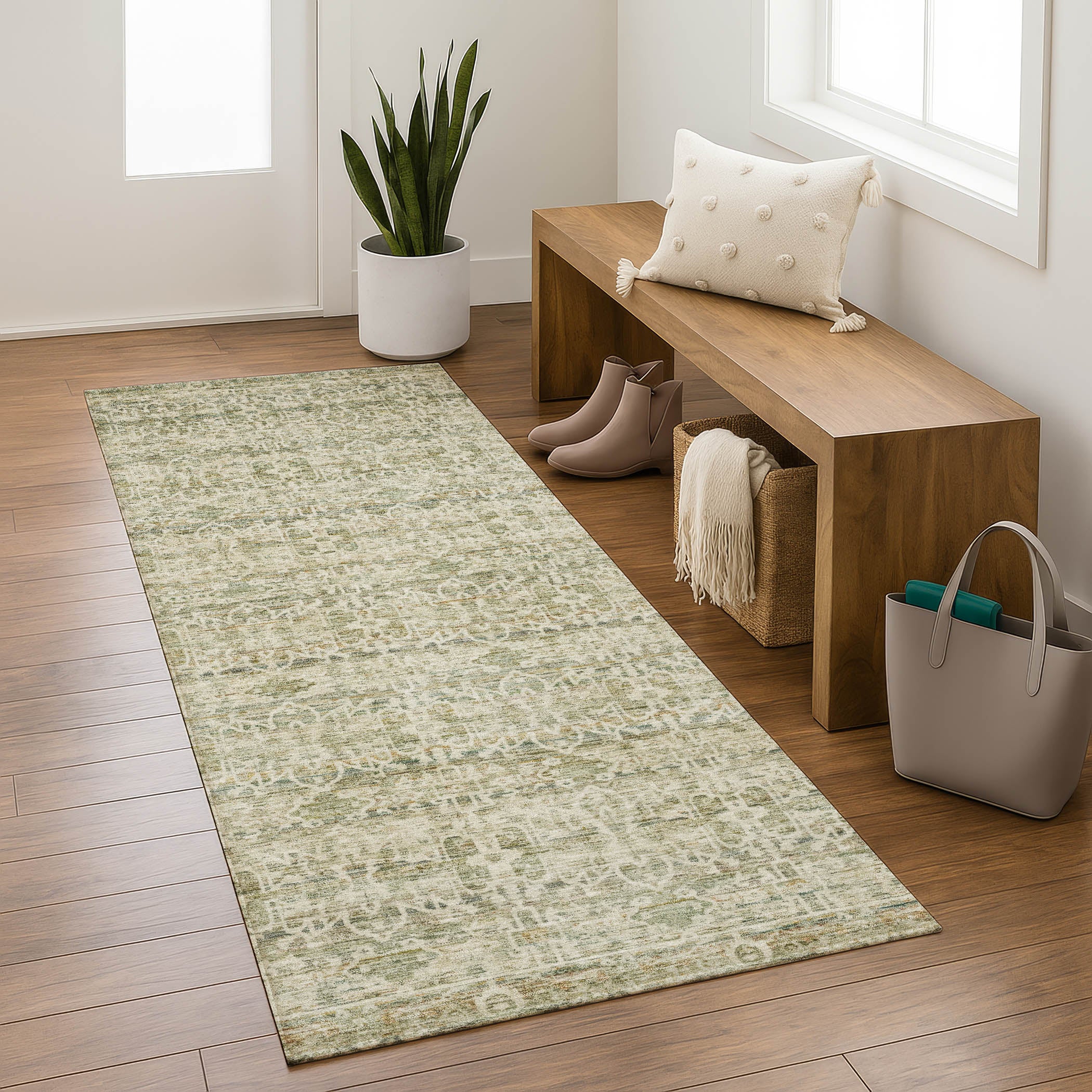 Hoi An Machine Washable Transitional Sage Green Rug 2'3" x 7'6" #shape_Runner