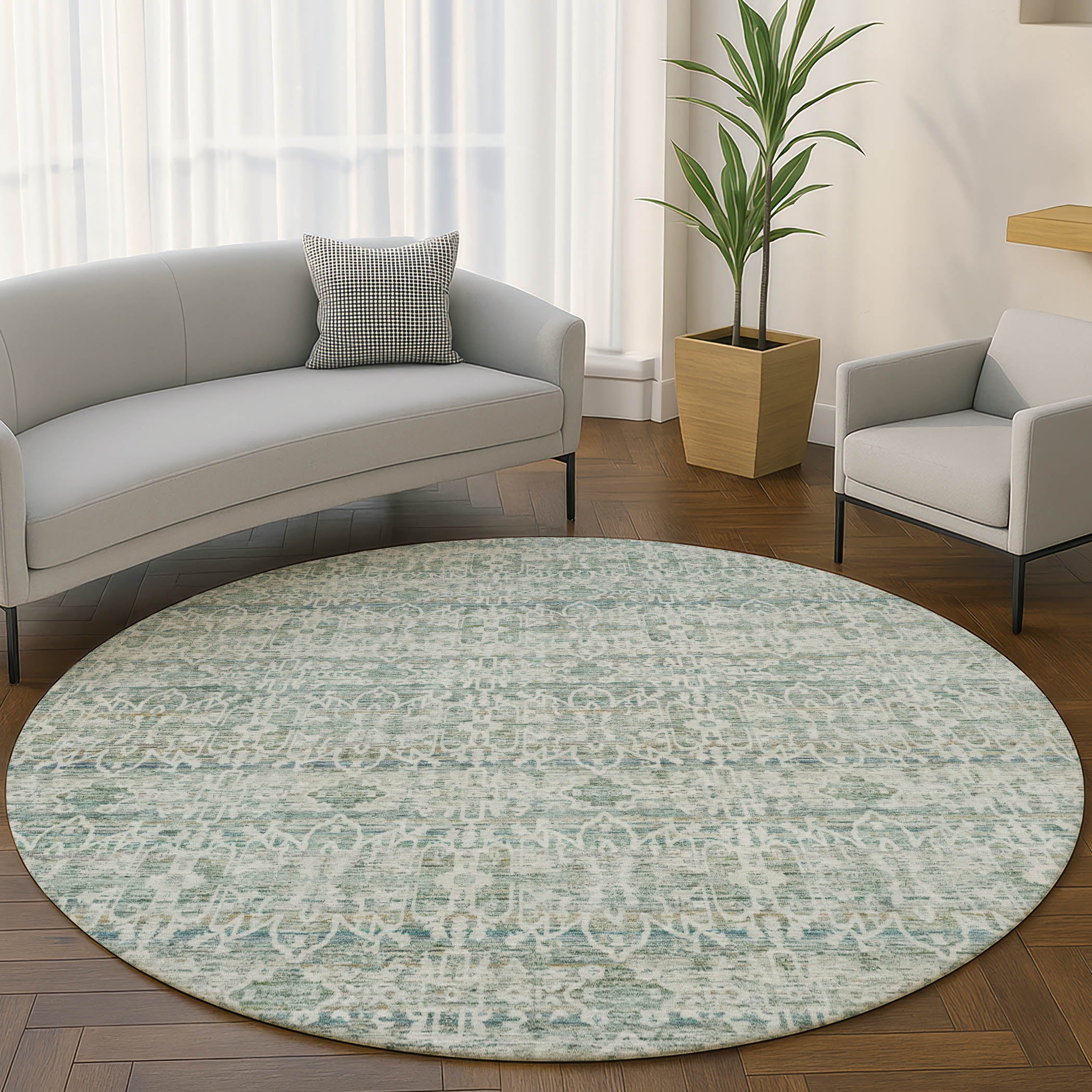 Hoi An Machine Washable Transitional Teal Rug 8' x 8' #shape_Round