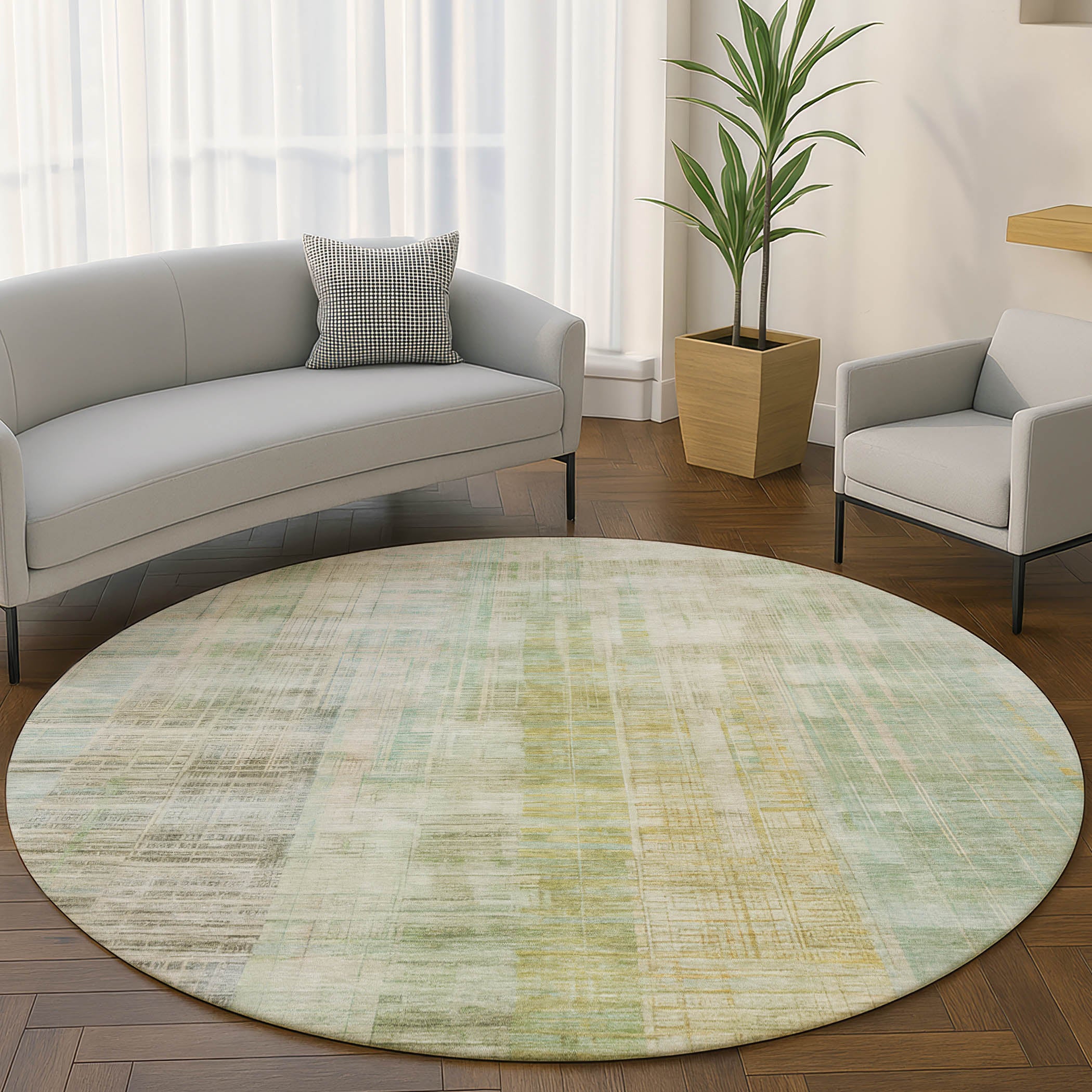 Kotor Machine Washable Transitional Linen Ivory Rug 8' x 8' #shape_Round