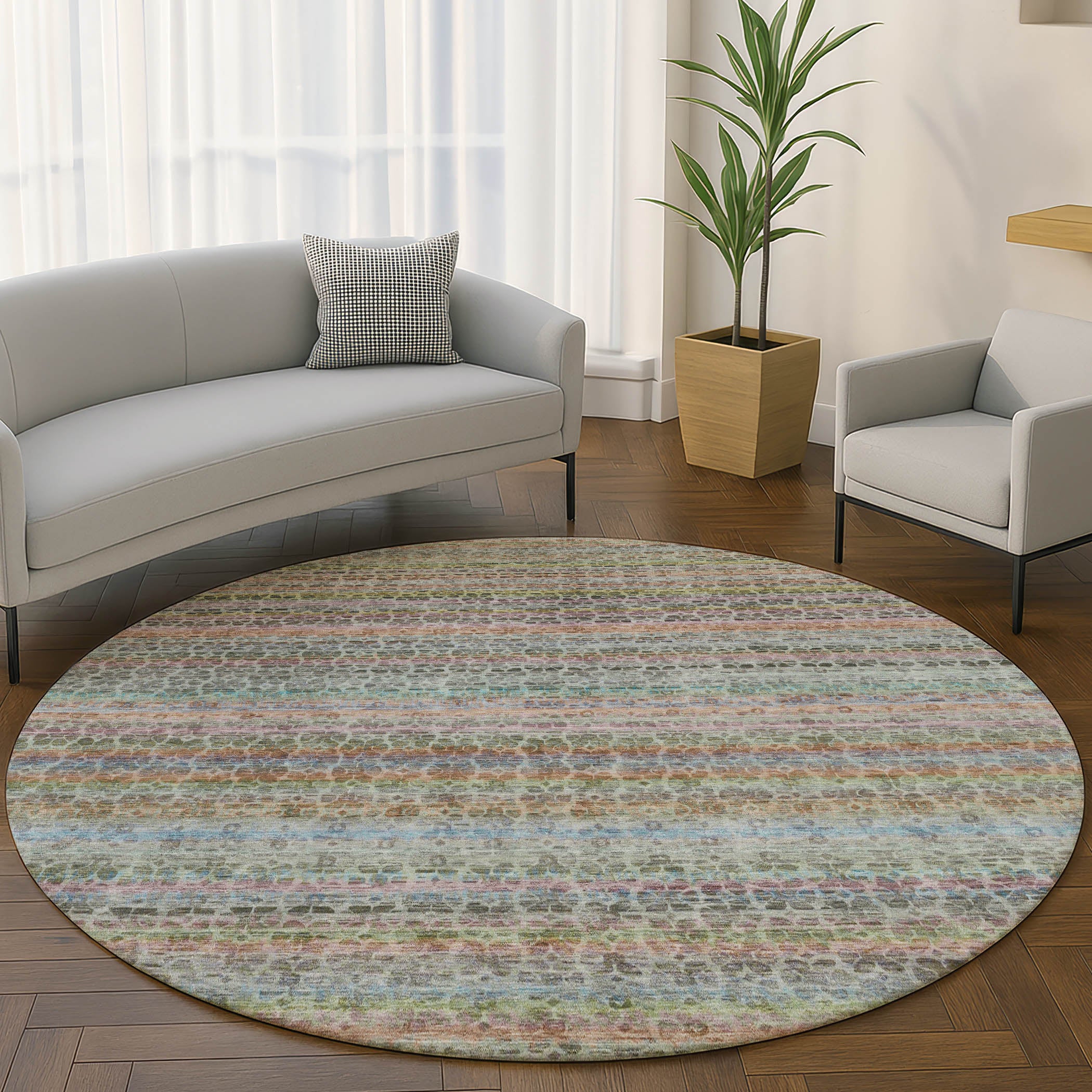 Tbilisi Machine Washable Transitional Aqua Teal Rug 8' x 8' #shape_Round