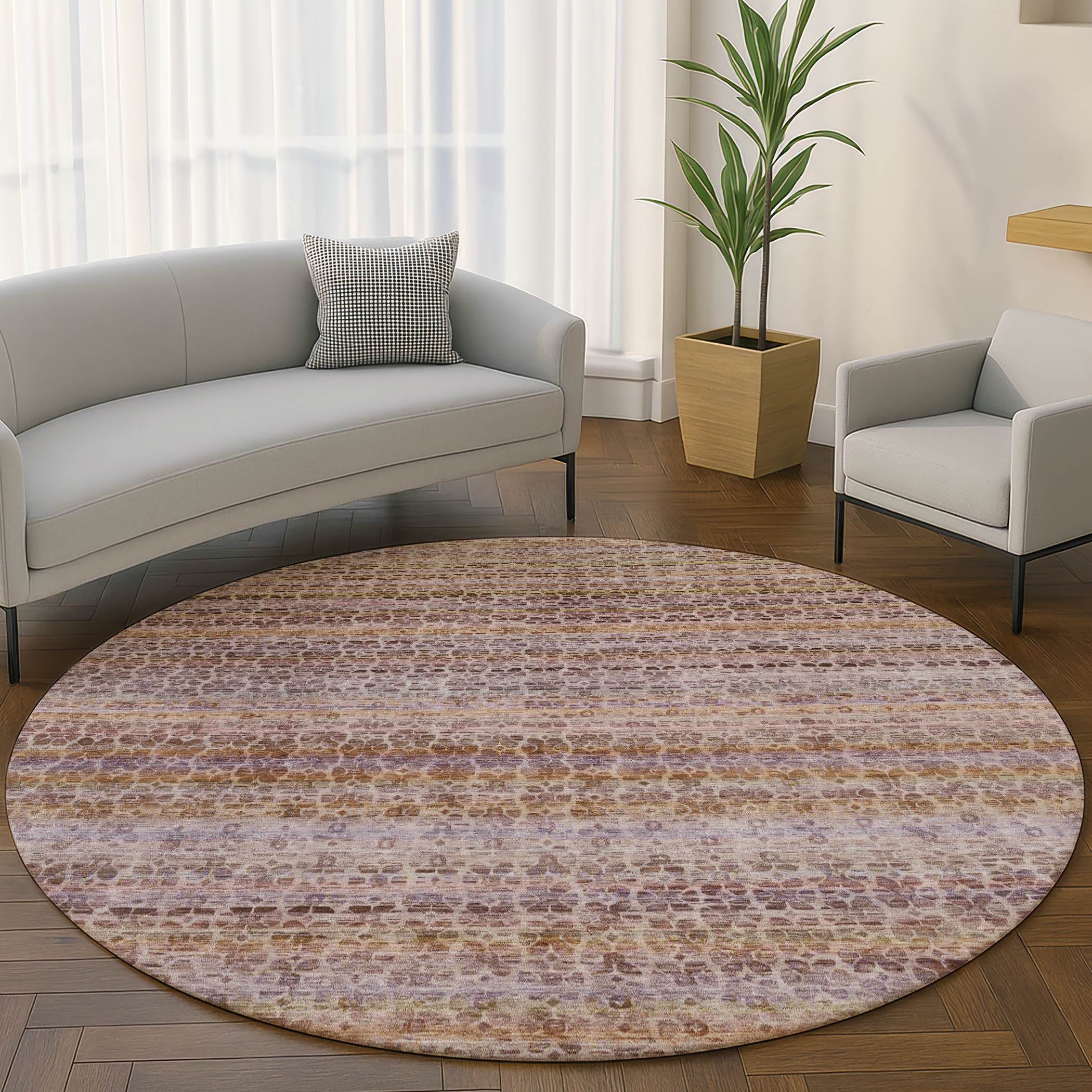 Tbilisi Machine Washable Transitional Khaki Brown Rug 8' x 8' #shape_Round