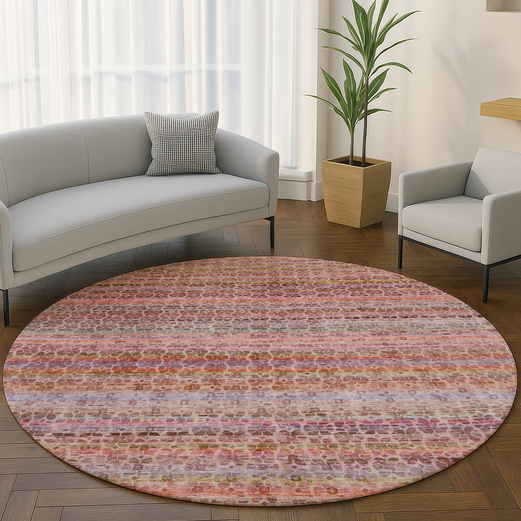 Tbilisi Machine Washable Transitional Pink Rug 8' x 8' #shape_Round