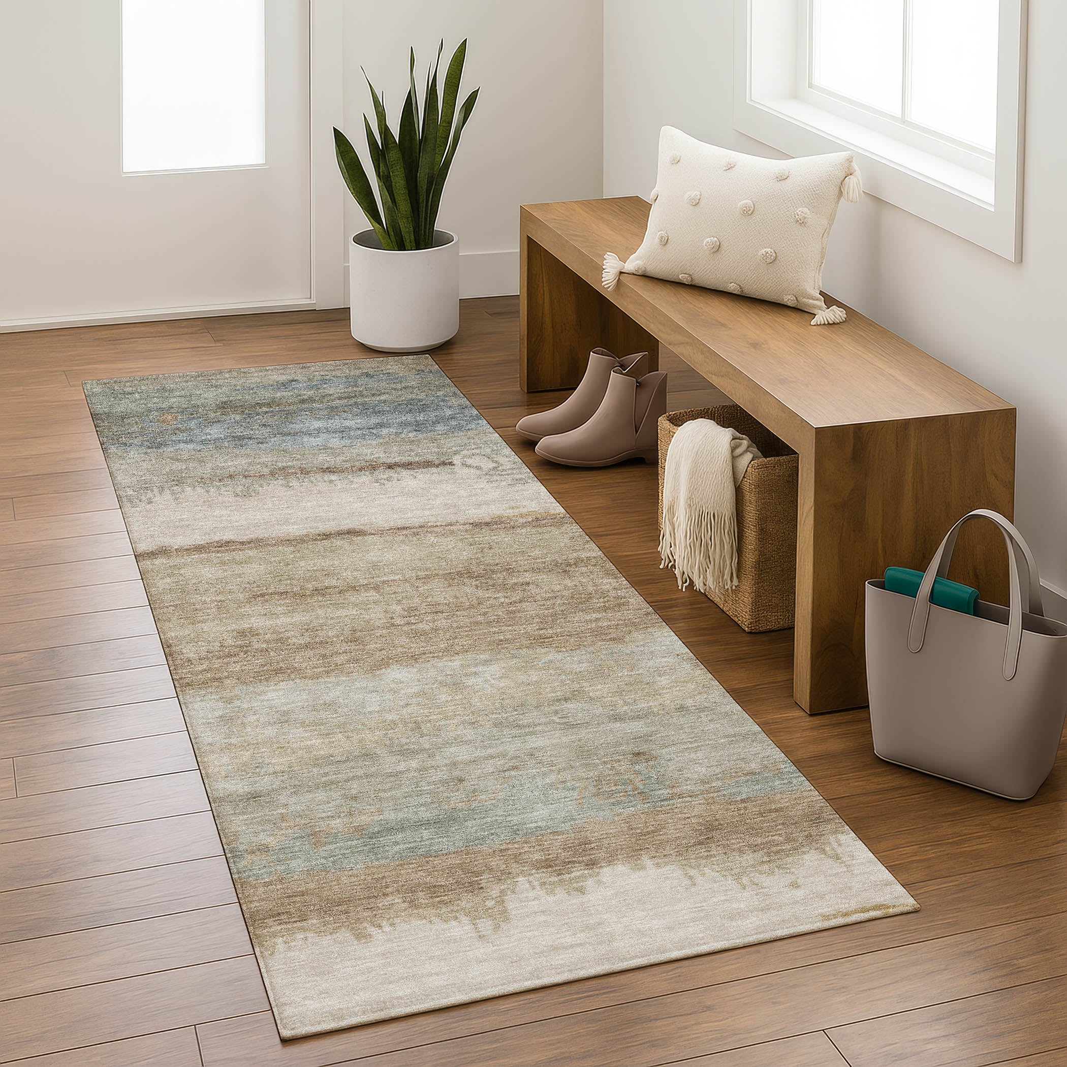 Lisbon Machine Washable Transitional Beige Brown Rug 2'3" x 7'6" #shape_Runner