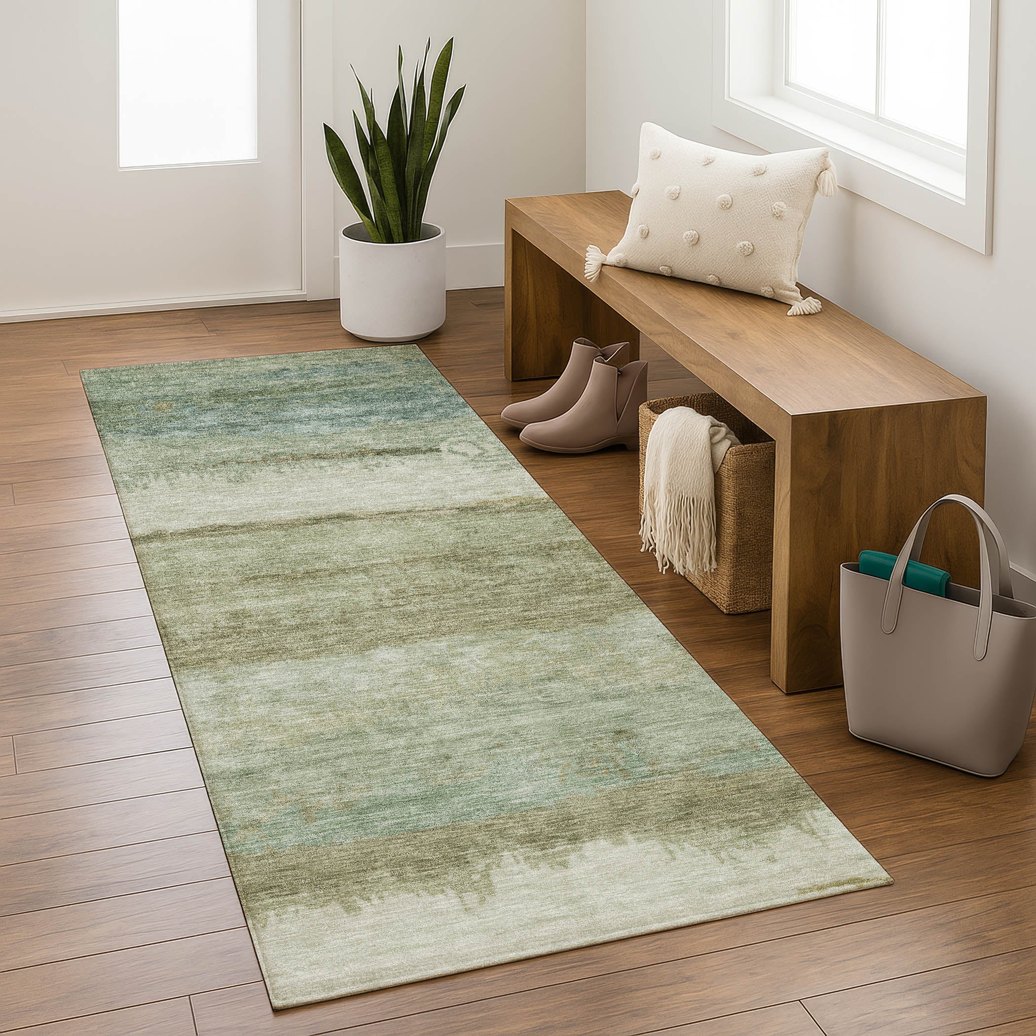 Lisbon Machine Washable Transitional Green Rug 2'3" x 7'6" #shape_Runner