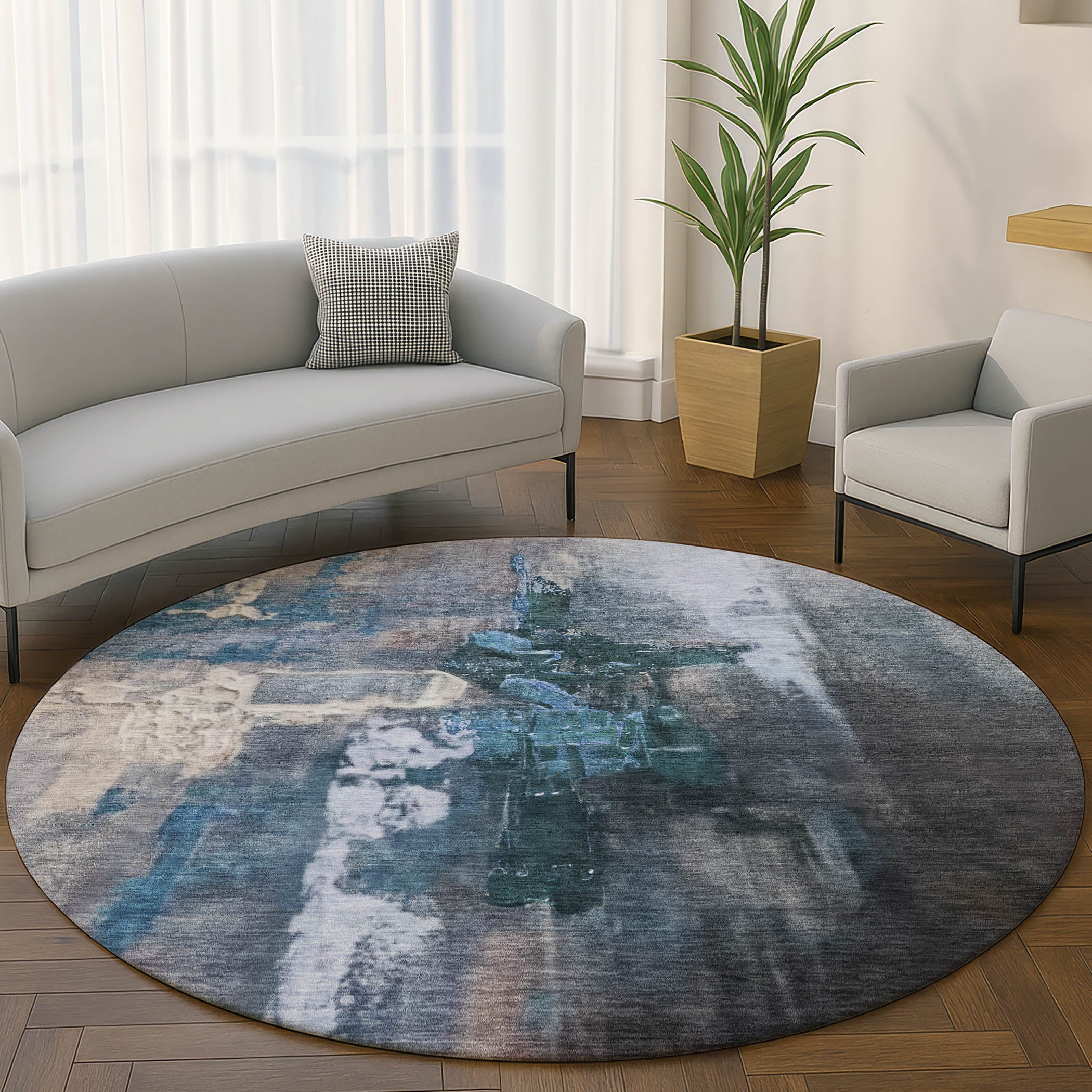 Antigua Machine Washable Transitional Blue Rug 8' x 8' #shape_Round