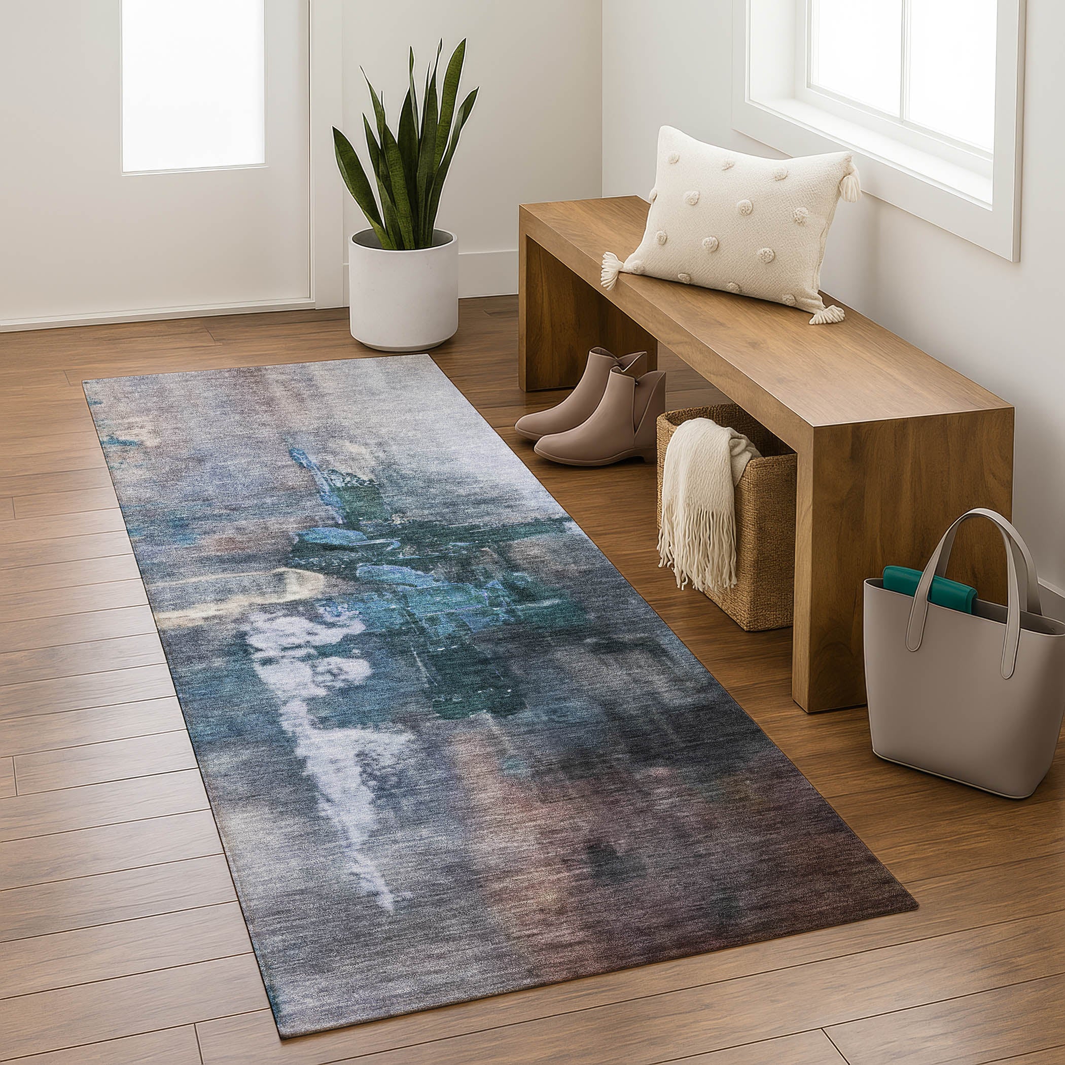 Antigua Machine Washable Transitional Blue Rug 2'3" x 7'6" #shape_Runner