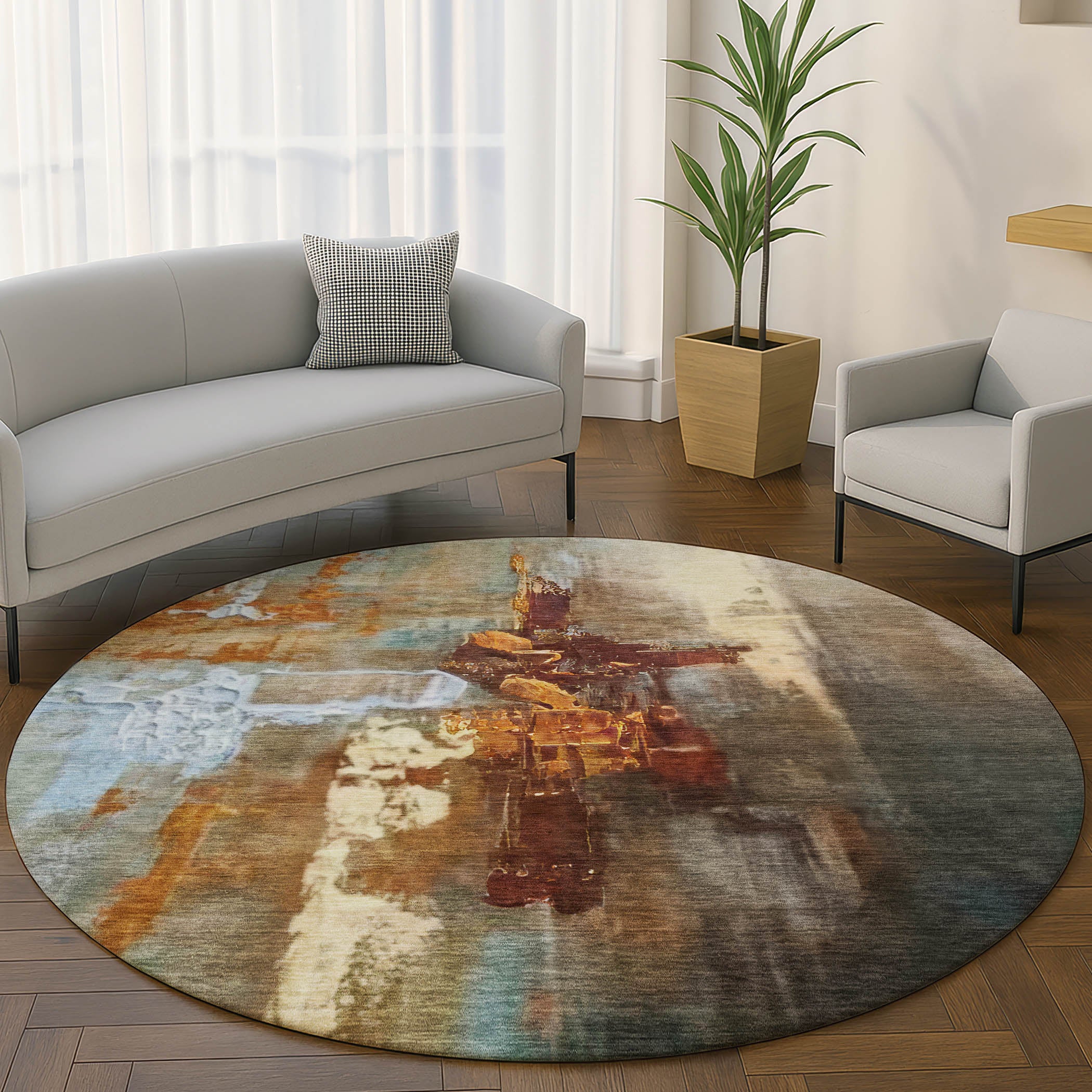 Antigua Machine Washable Transitional Paprika Orange Rug 8' x 8' #shape_Round