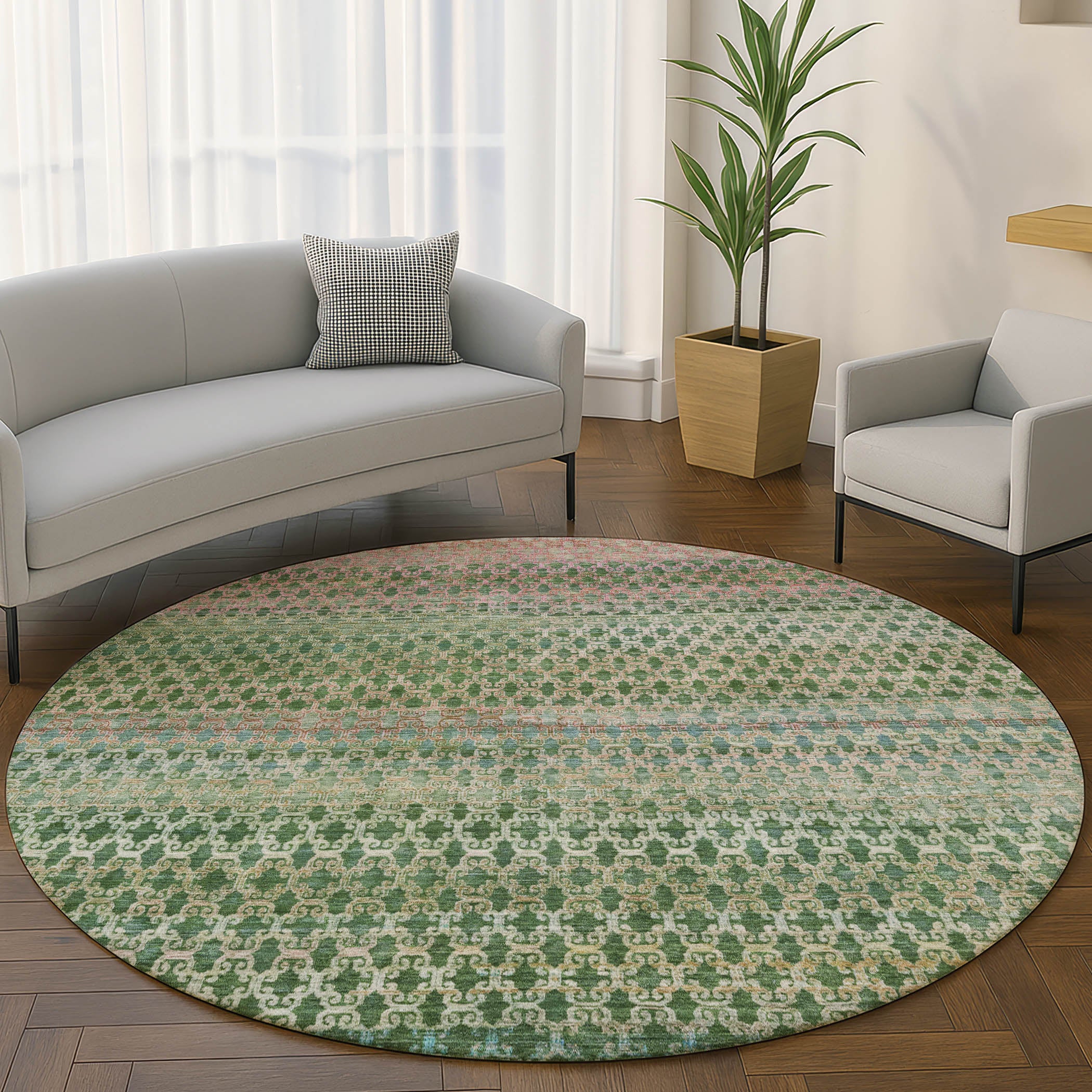 Bangkok Machine Washable Transitional Aloe Green Rug 8' x 8' #shape_Round